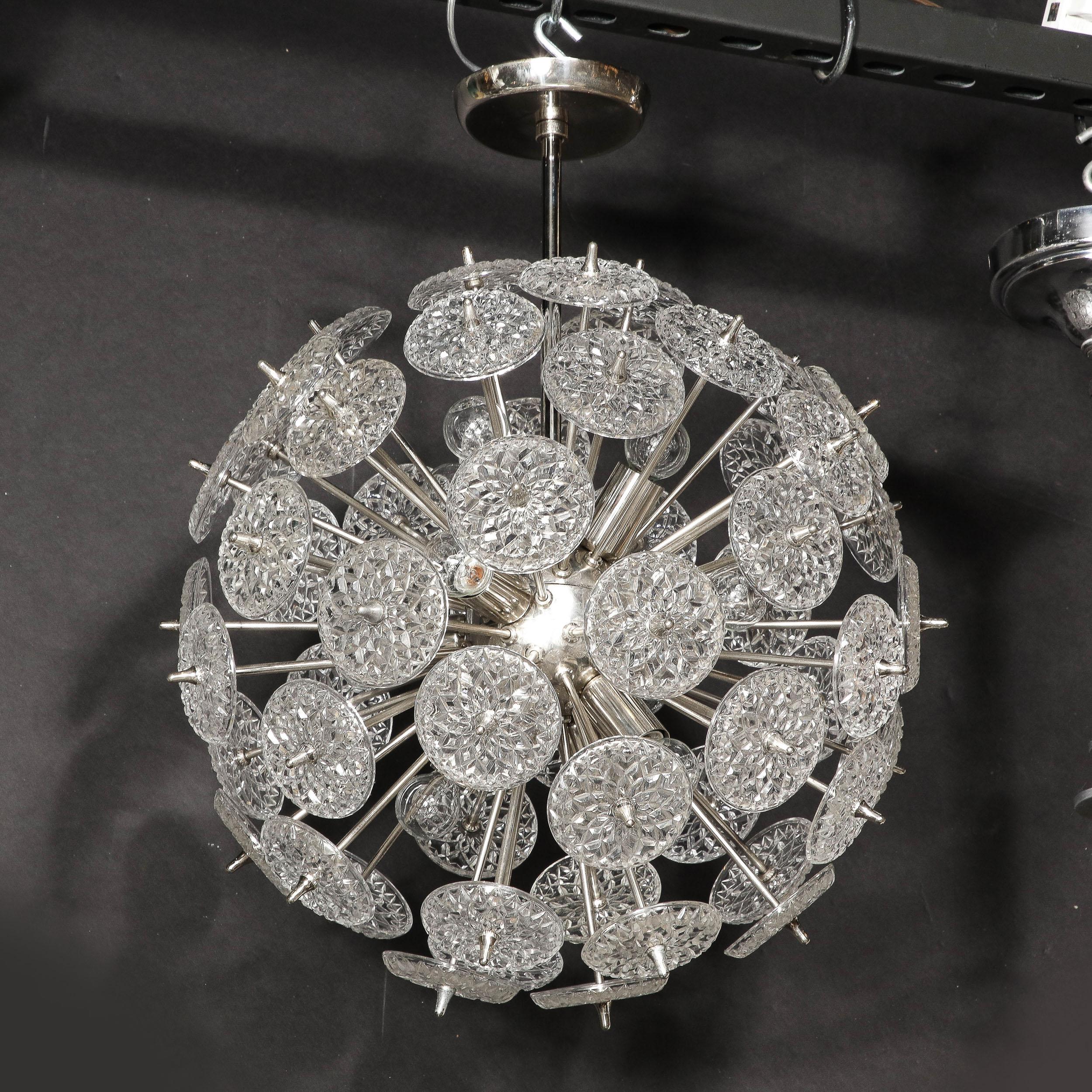 Mid-Century Modernist Pressglas Scheibe Sputnik Kronleuchter w / Nickel Beschläge im Angebot 2