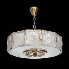 Mid-Century Modernist Pressed Glass Pendant Chandelier W/Frosted Diffuser