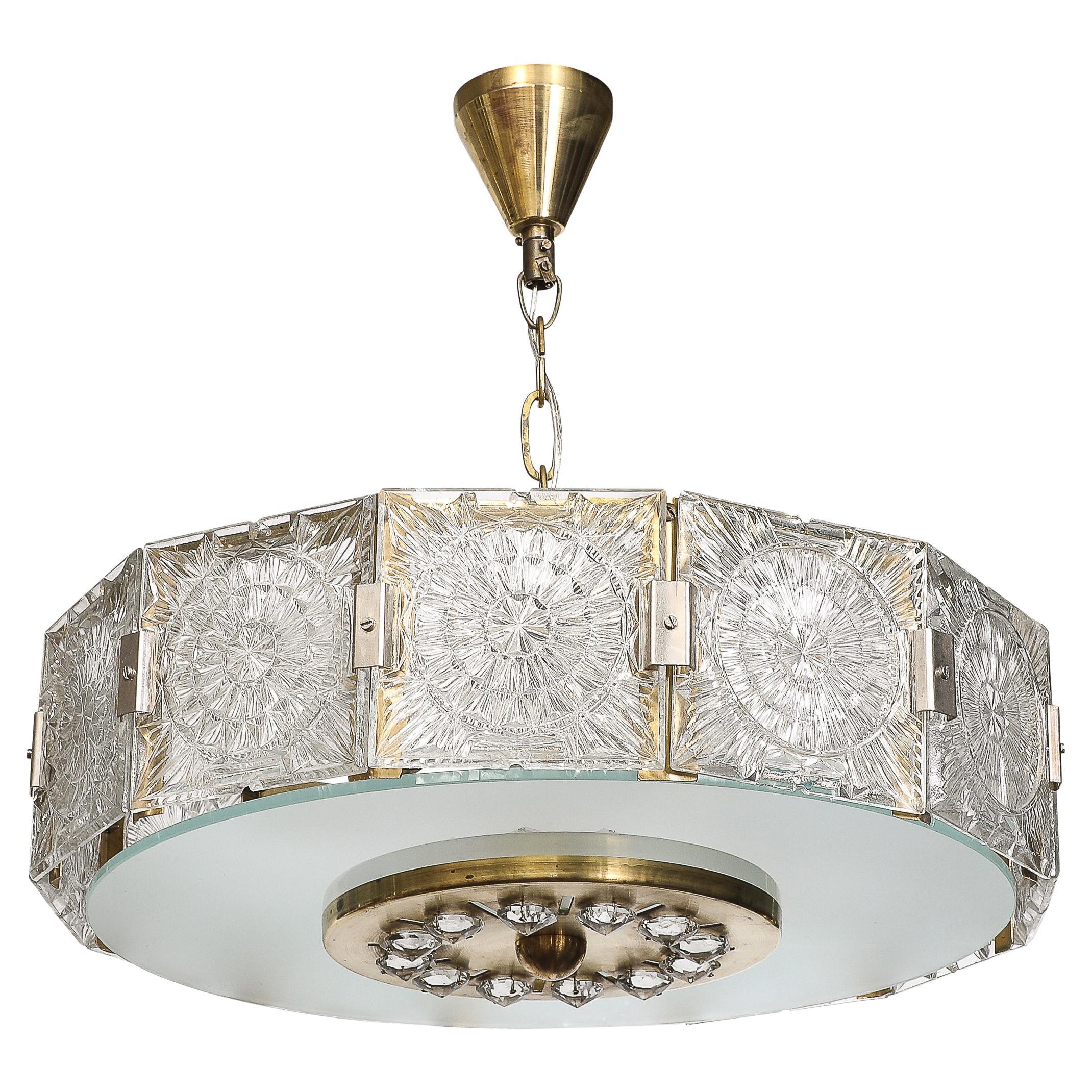 Mid-Century Modernist Pressed Glass Pendant Chandelier W/Frosted Diffuser