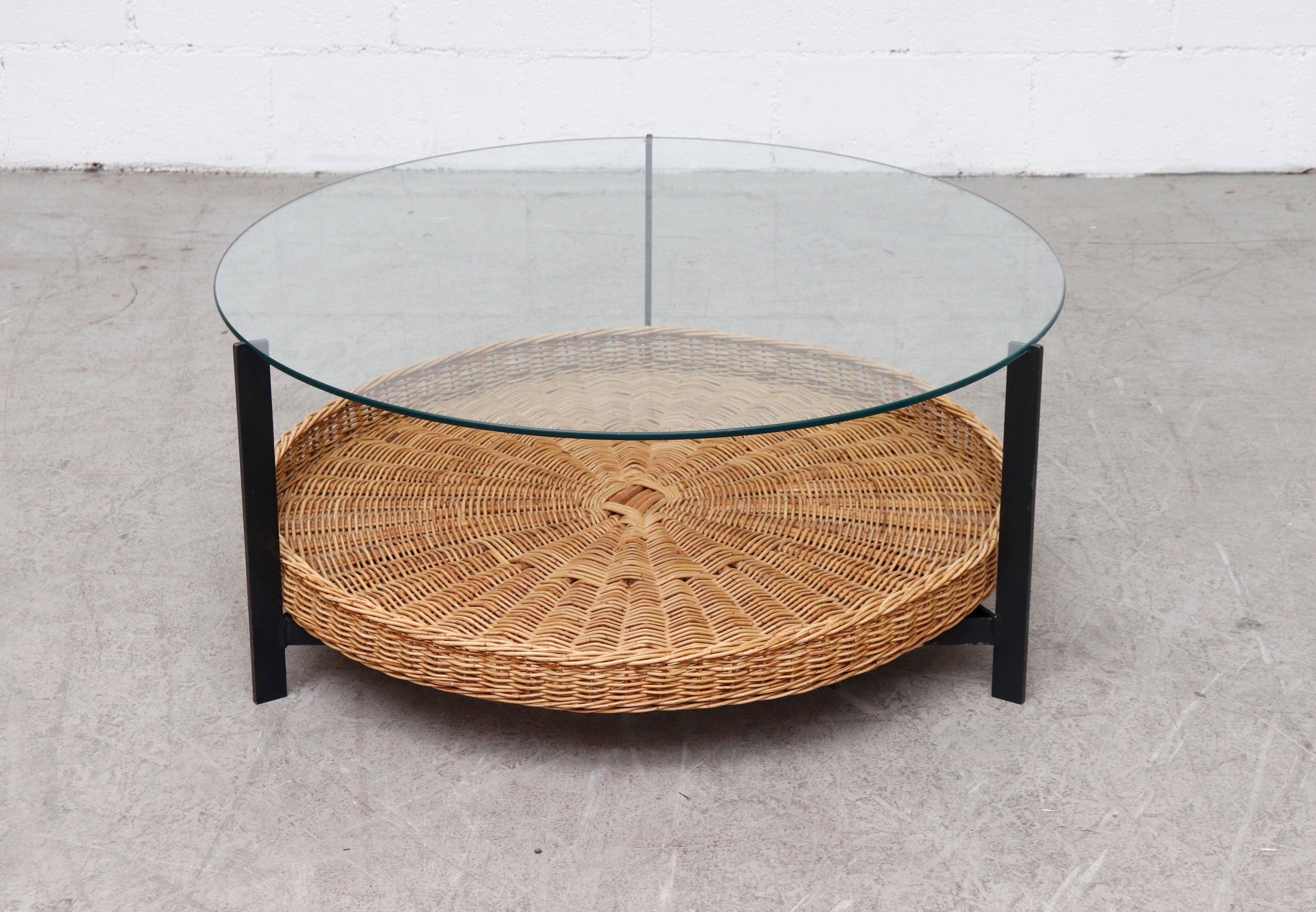Dutch Mid-Century Modernist Rattan and Glass Coffee Table