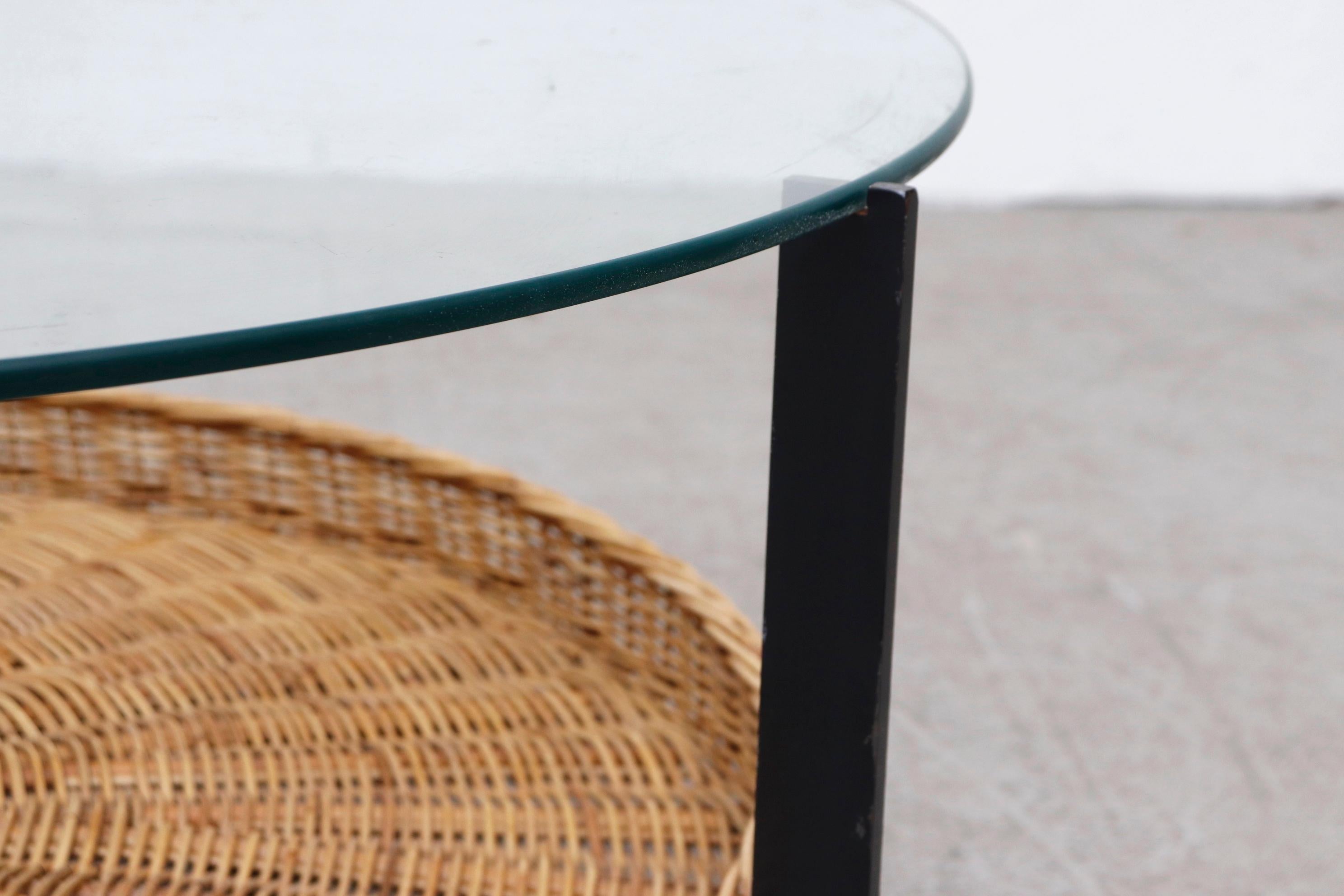 Enameled Mid-Century Modernist Rattan and Glass Coffee Table