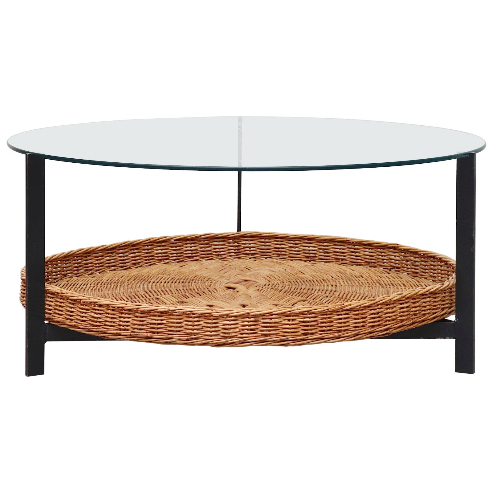 Mid-Century Modernist Rattan and Glass Coffee Table