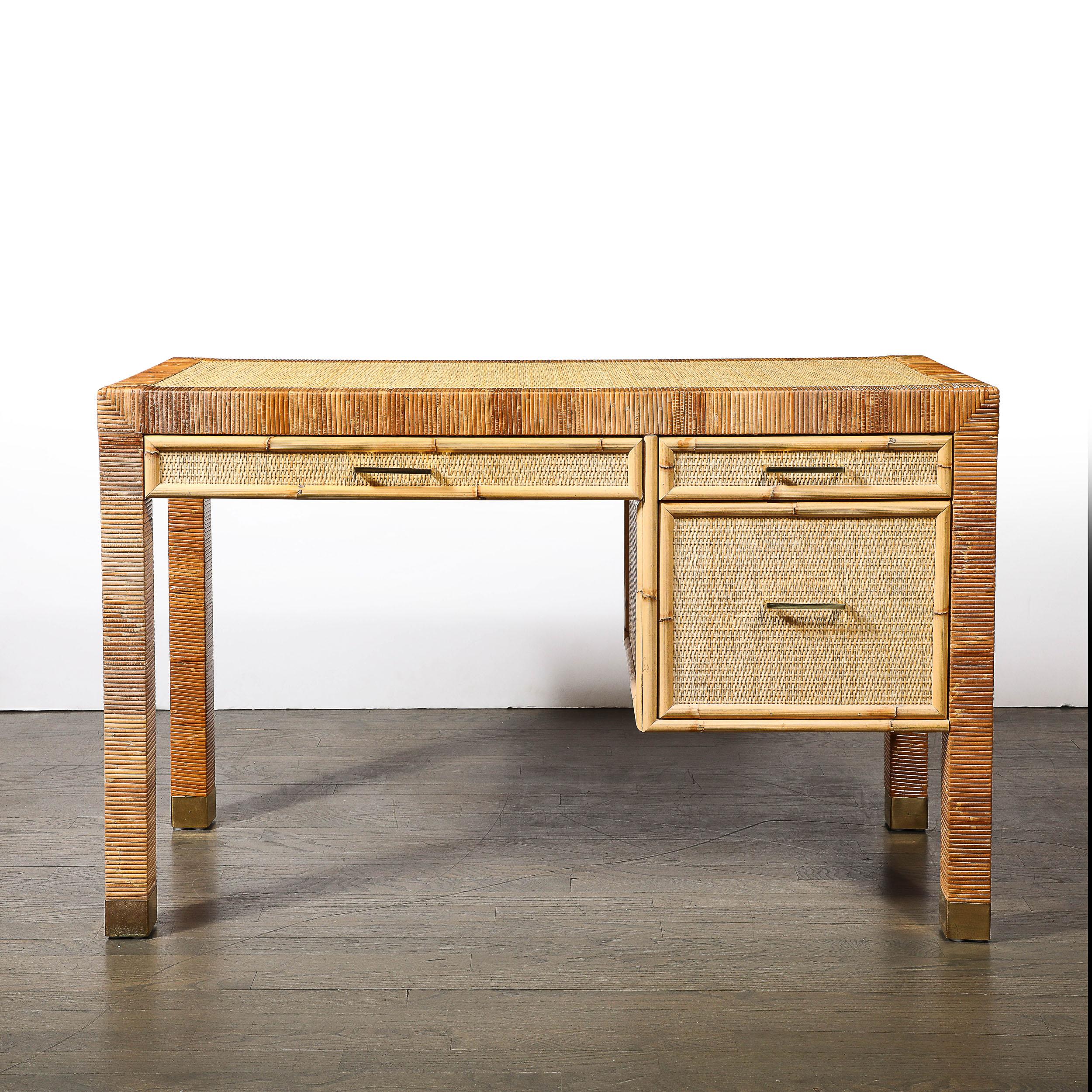American Mid-Century Modernist Rattan & Bamboo Wrapped Desk signed Bielecky Brothers For Sale