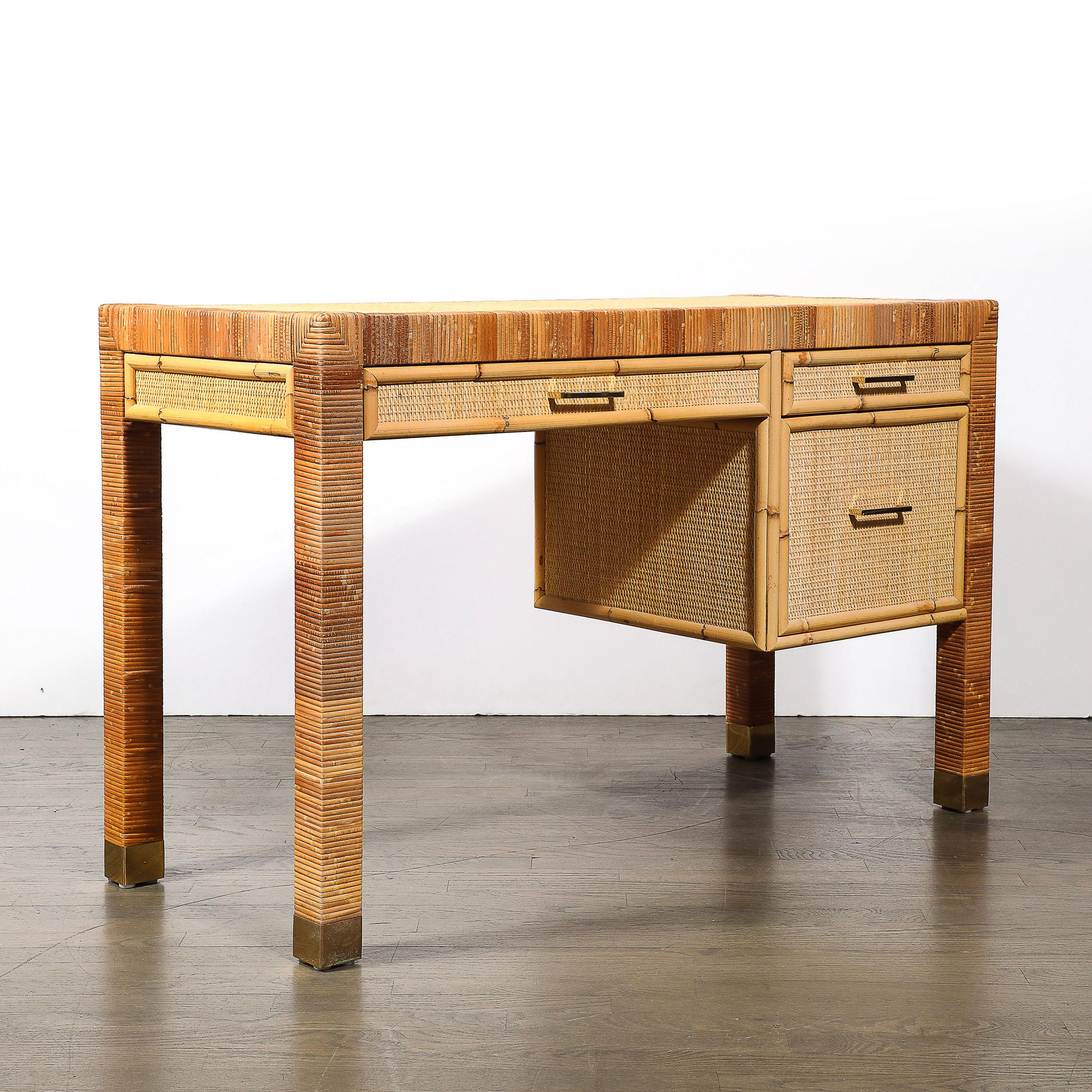 Mid-Century Modernist Rattan & Bamboo Wrapped Desk signed Bielecky Brothers In Excellent Condition For Sale In New York, NY