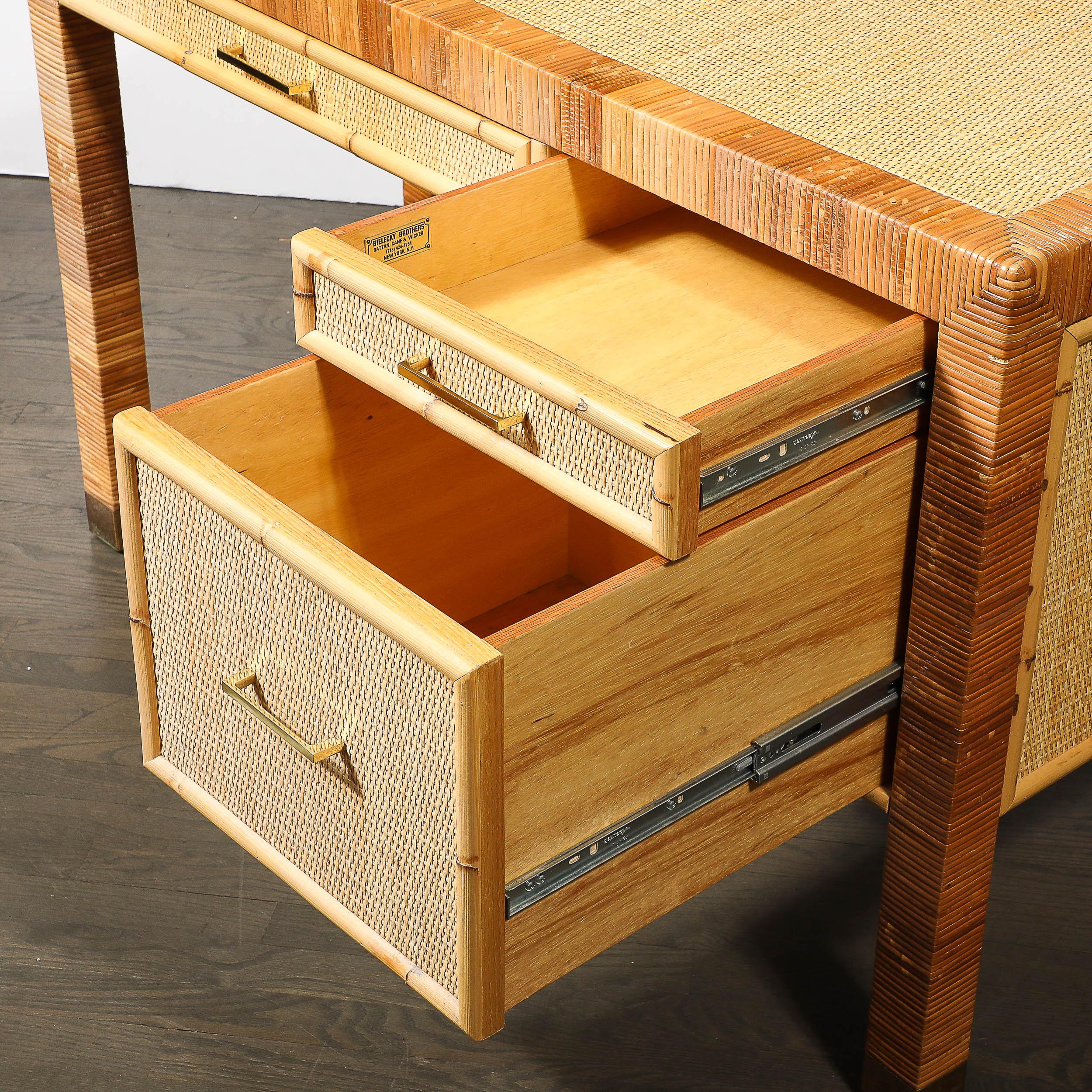 Mid-Century Modernist Rattan & Bamboo Wrapped Desk signed Bielecky Brothers For Sale 3