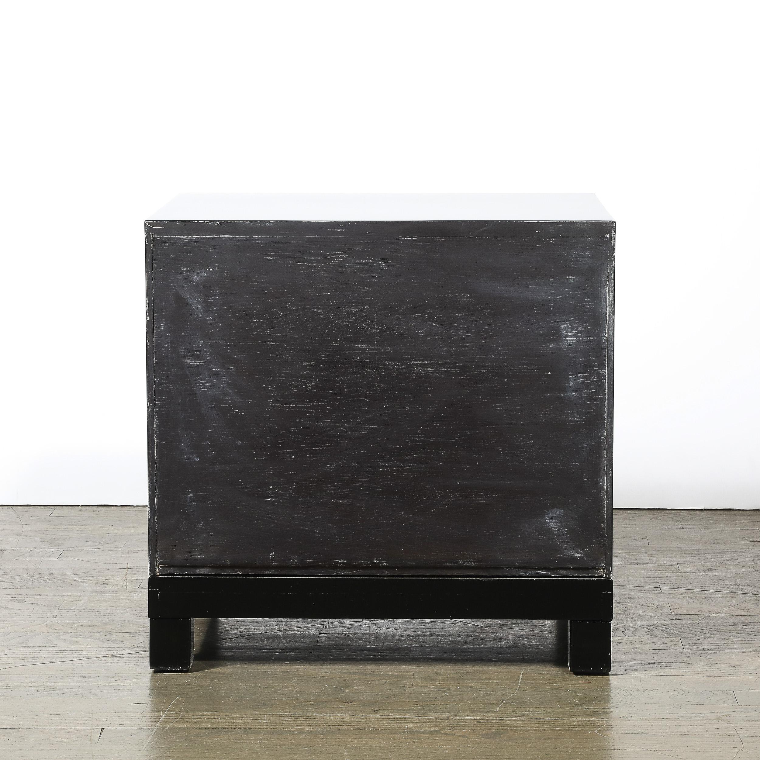 Mid-Century Modernist Rectilinear Nightstands in Black Lacquer with Greek Pulls For Sale 5