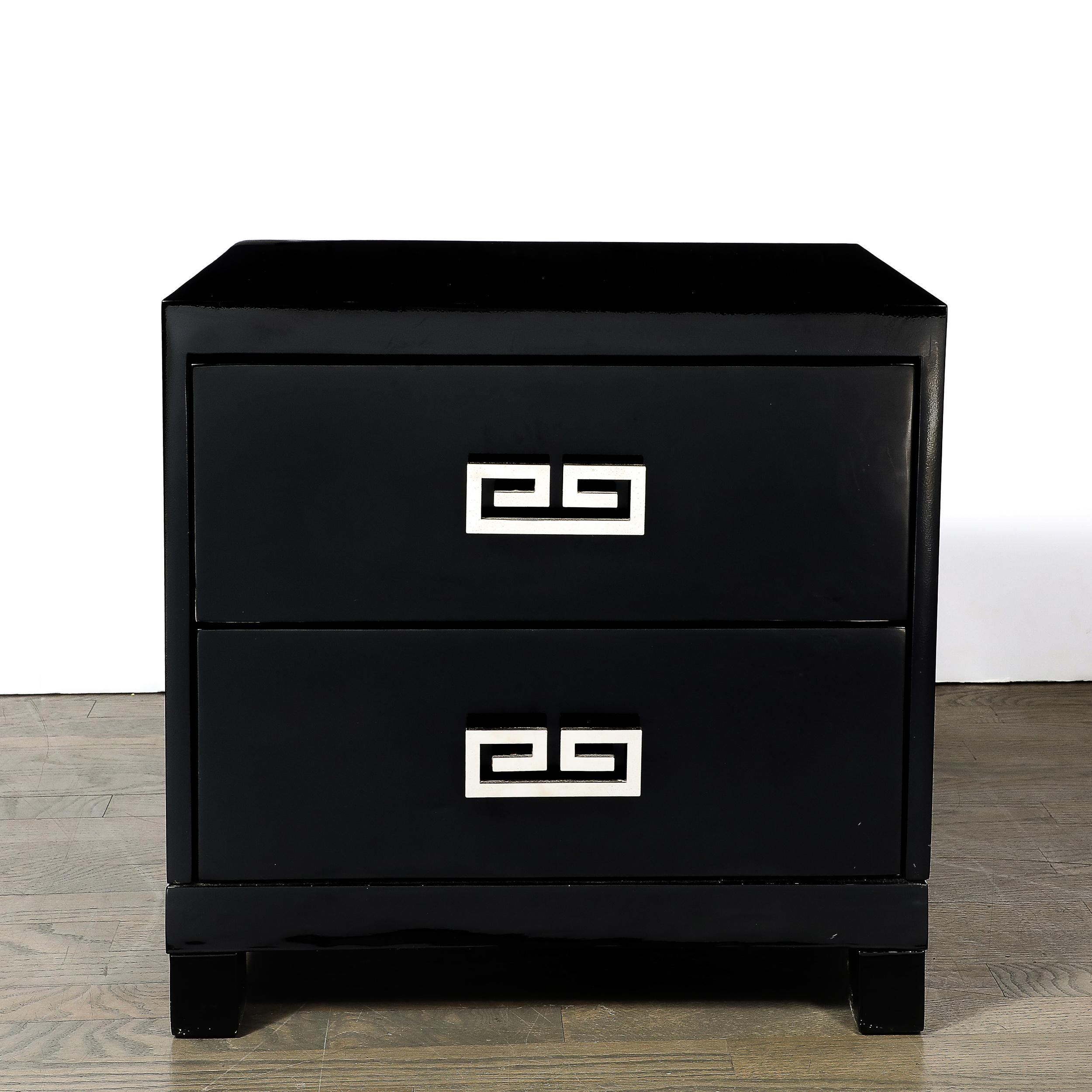 American Mid-Century Modernist Rectilinear Nightstands in Black Lacquer with Greek Pulls For Sale