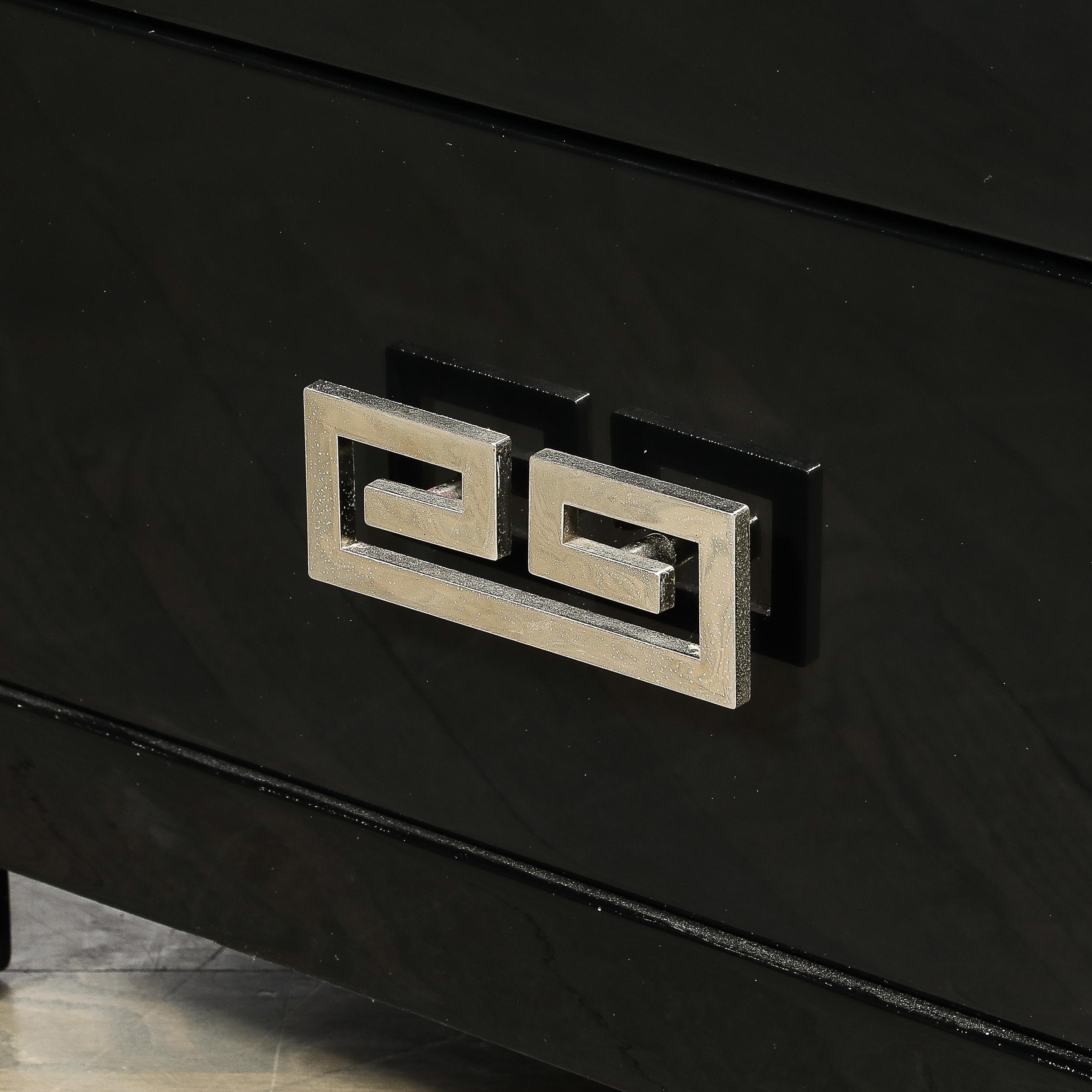 Chrome Mid-Century Modernist Rectilinear Nightstands in Black Lacquer with Greek Pulls For Sale