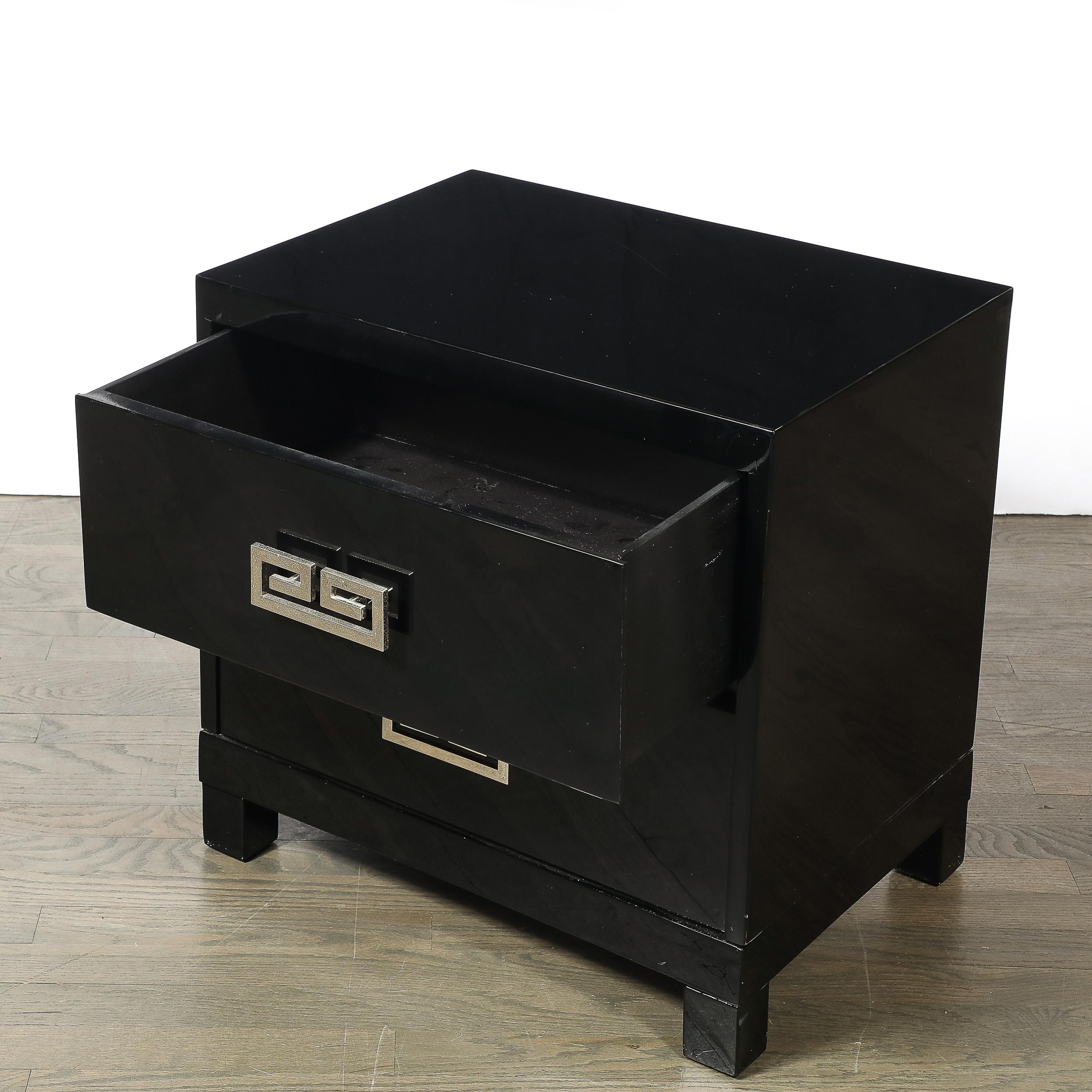 Mid-Century Modernist Rectilinear Nightstands in Black Lacquer with Greek Pulls For Sale 1