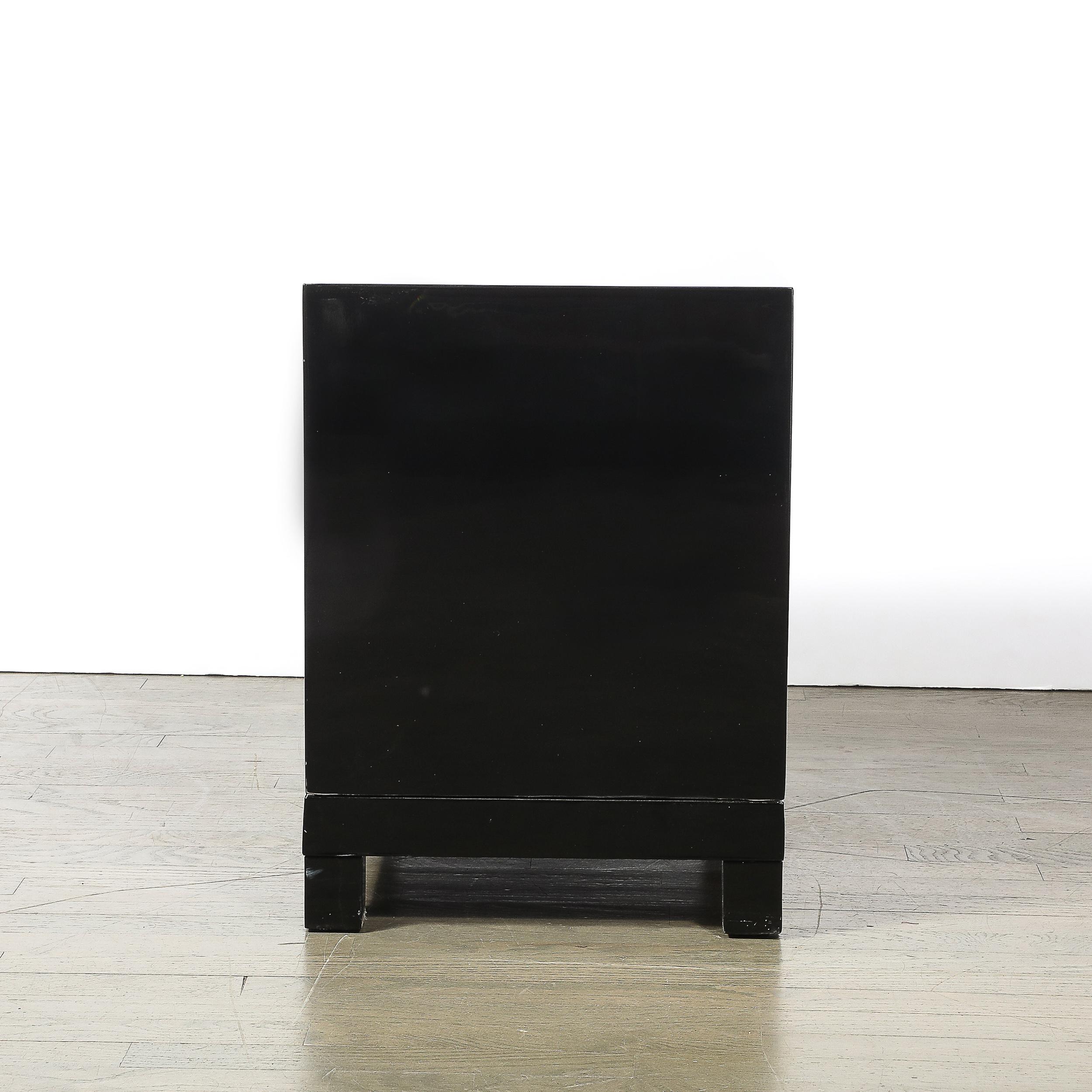 Mid-Century Modernist Rectilinear Nightstands in Black Lacquer with Greek Pulls For Sale 2