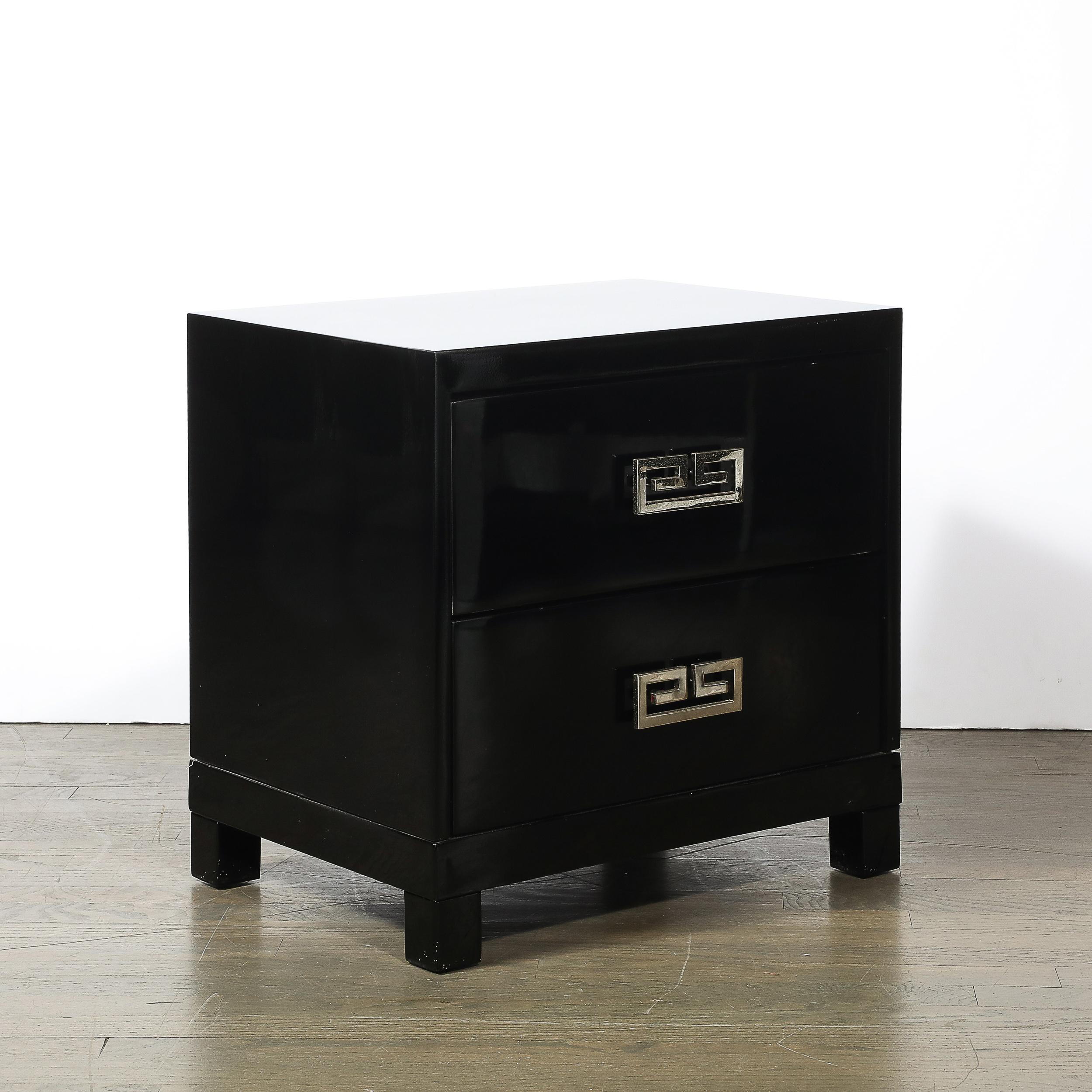 Mid-Century Modernist Rectilinear Nightstands in Black Lacquer with Greek Pulls For Sale 3