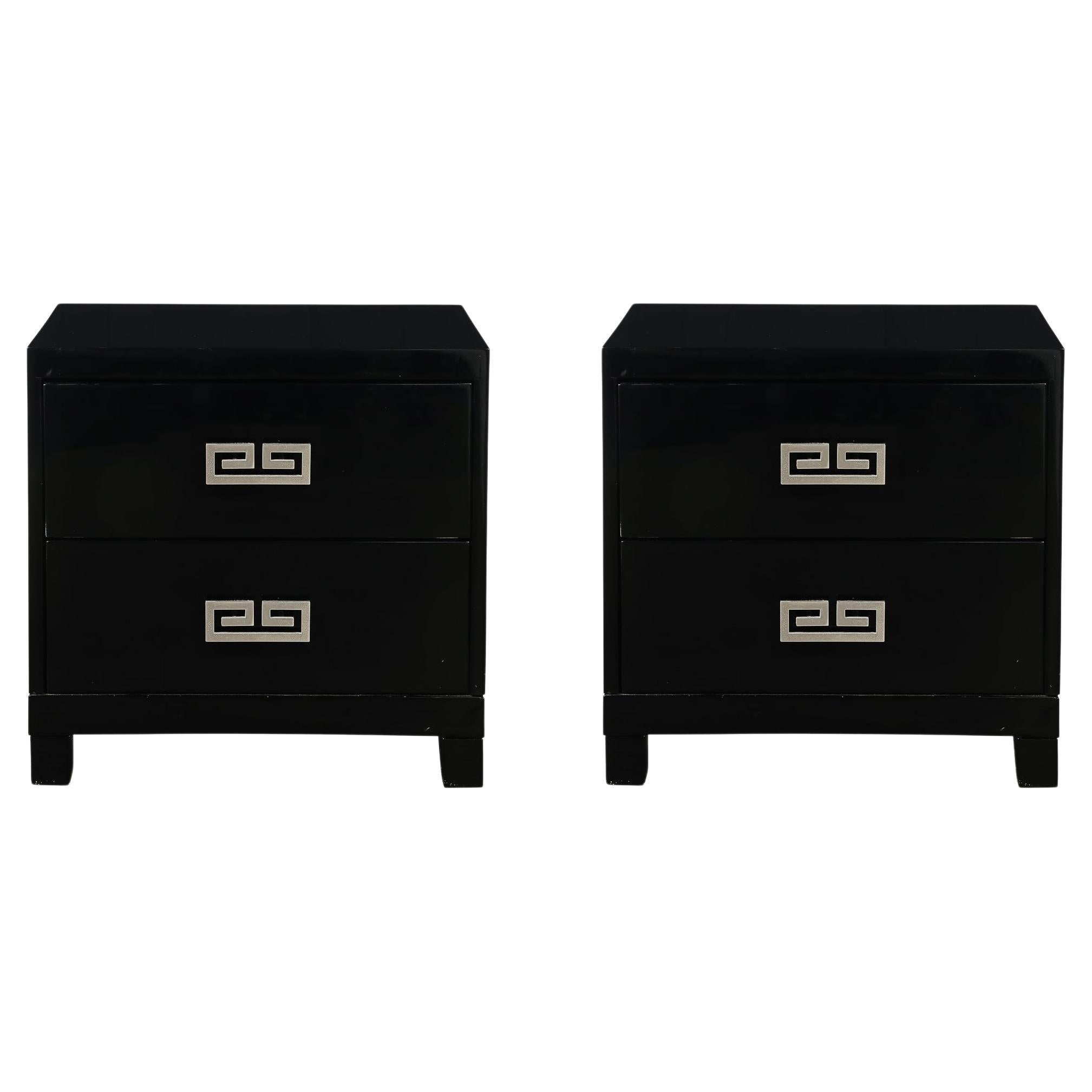 Mid-Century Modernist Rectilinear Nightstands in Black Lacquer with Greek Pulls