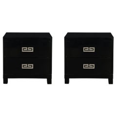 Mid-Century Modernist Rectilinear Nightstands in Black Lacquer with Greek Pulls