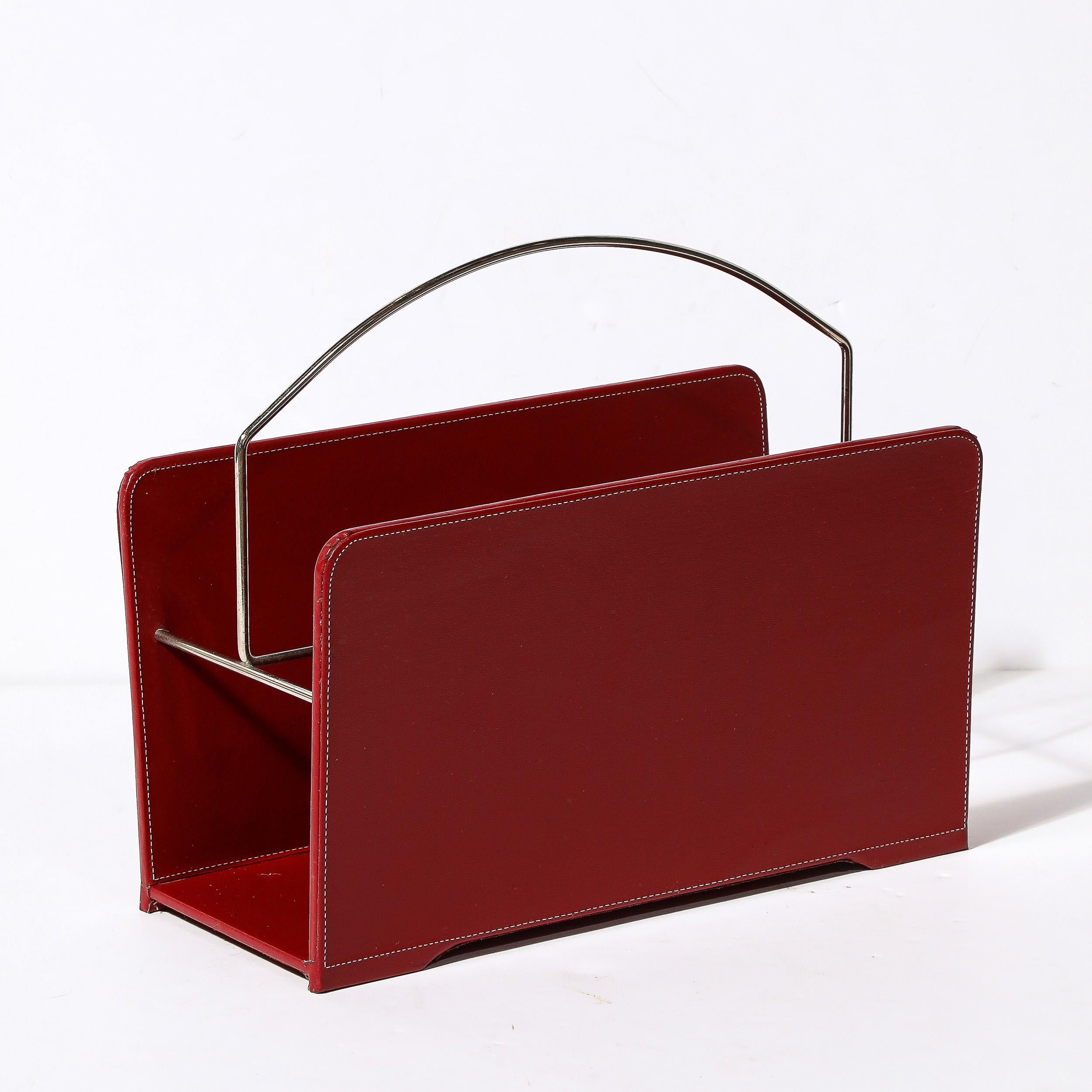 American Mid-Century Modernist Red Leather & Chrome Magazine Stand in the Manner of Adnet For Sale