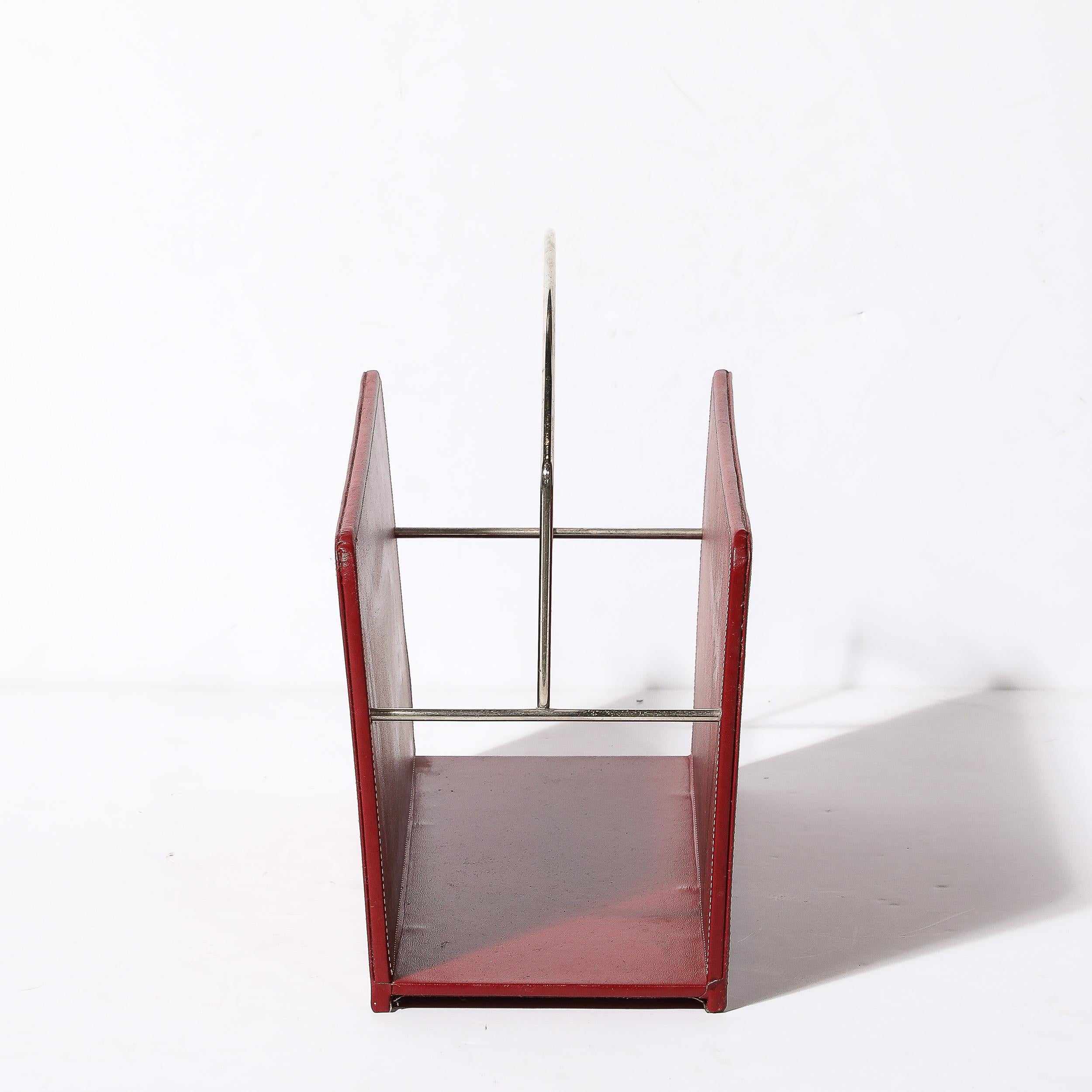 Mid-Century Modernist Red Leather & Chrome Magazine Stand in the Manner of Adnet In Excellent Condition For Sale In New York, NY
