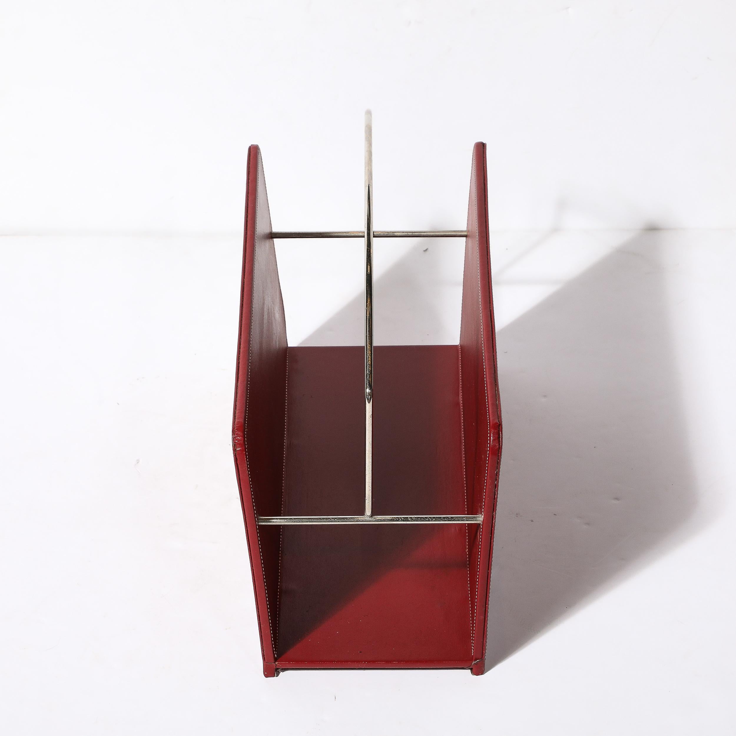 Mid-20th Century Mid-Century Modernist Red Leather & Chrome Magazine Stand in the Manner of Adnet For Sale