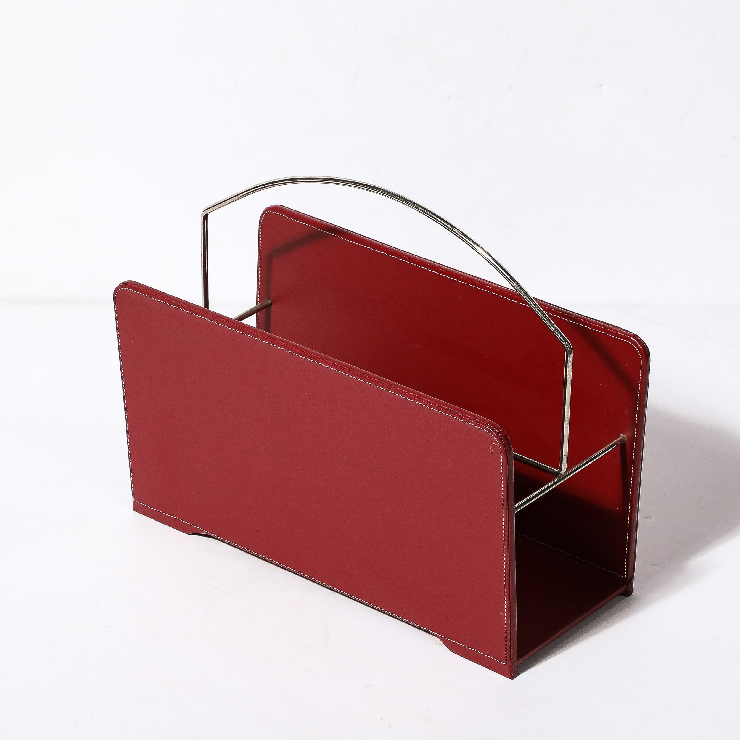 Mid-Century Modernist Red Leather & Chrome Magazine Stand in the Manner of Adnet For Sale 1