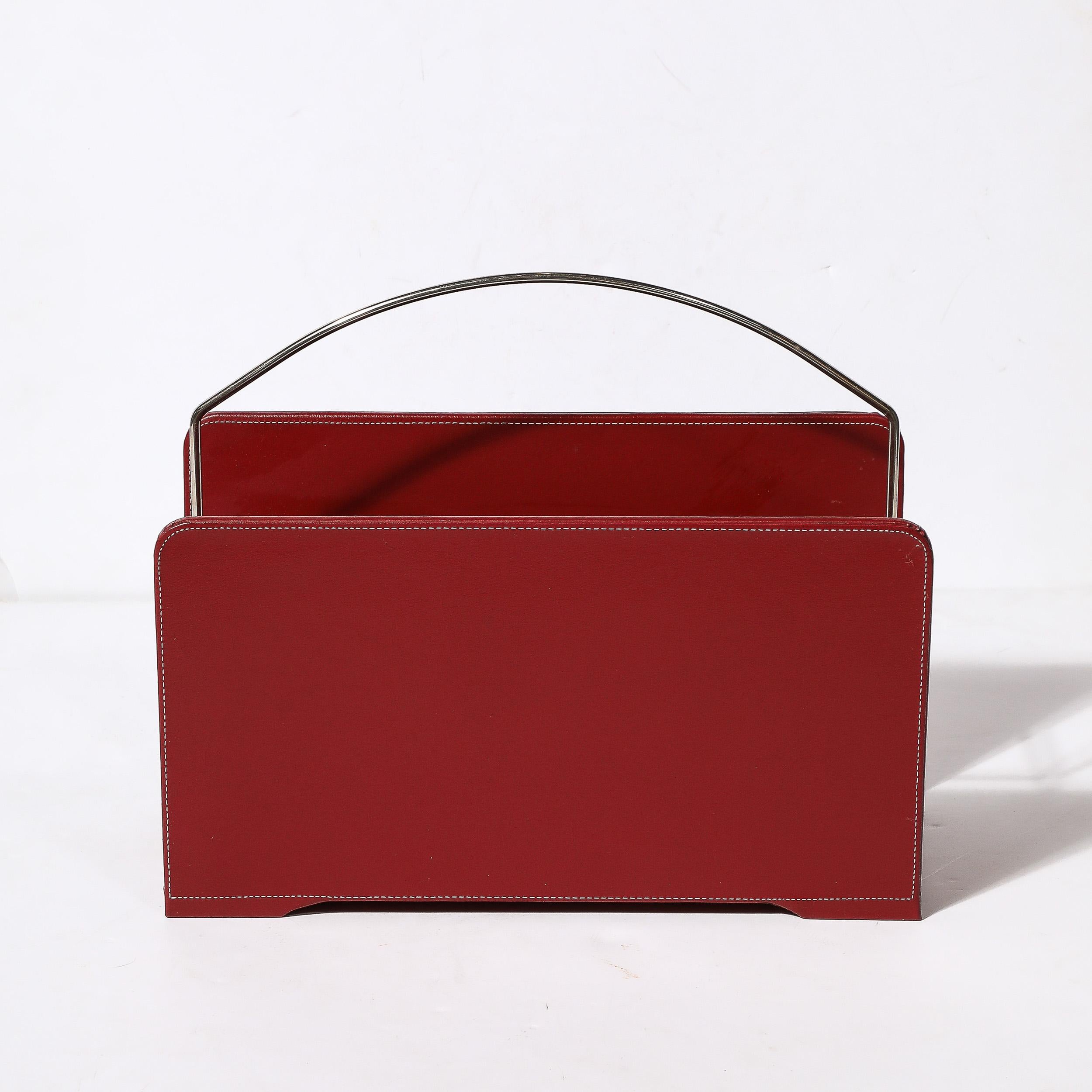 Mid-Century Modernist Red Leather & Chrome Magazine Stand in the Manner of Adnet For Sale 2