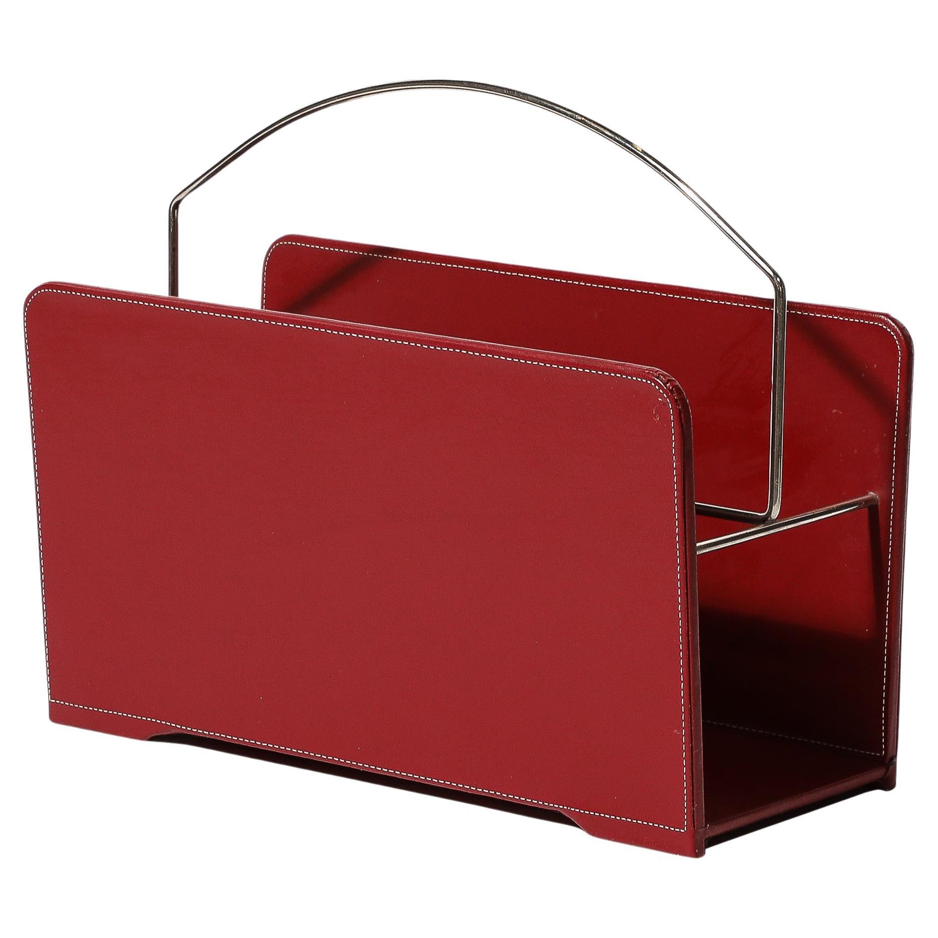 Mid-Century Modernist Red Leather & Chrome Magazine Stand in the Manner of Adnet For Sale