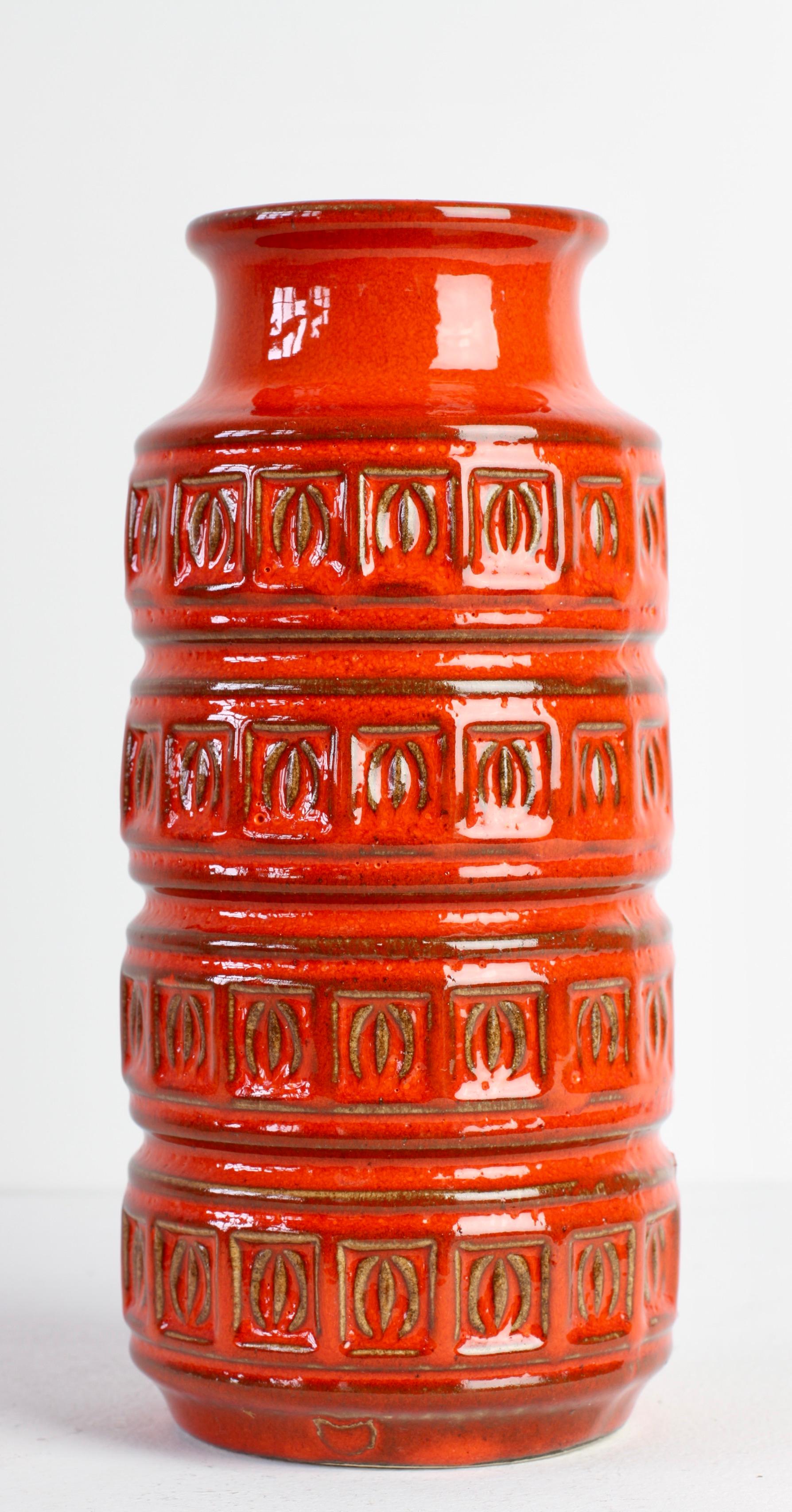 Embossed Mid-Century Modernist Red West German Vase by Scheurich Keramik, circa 1970