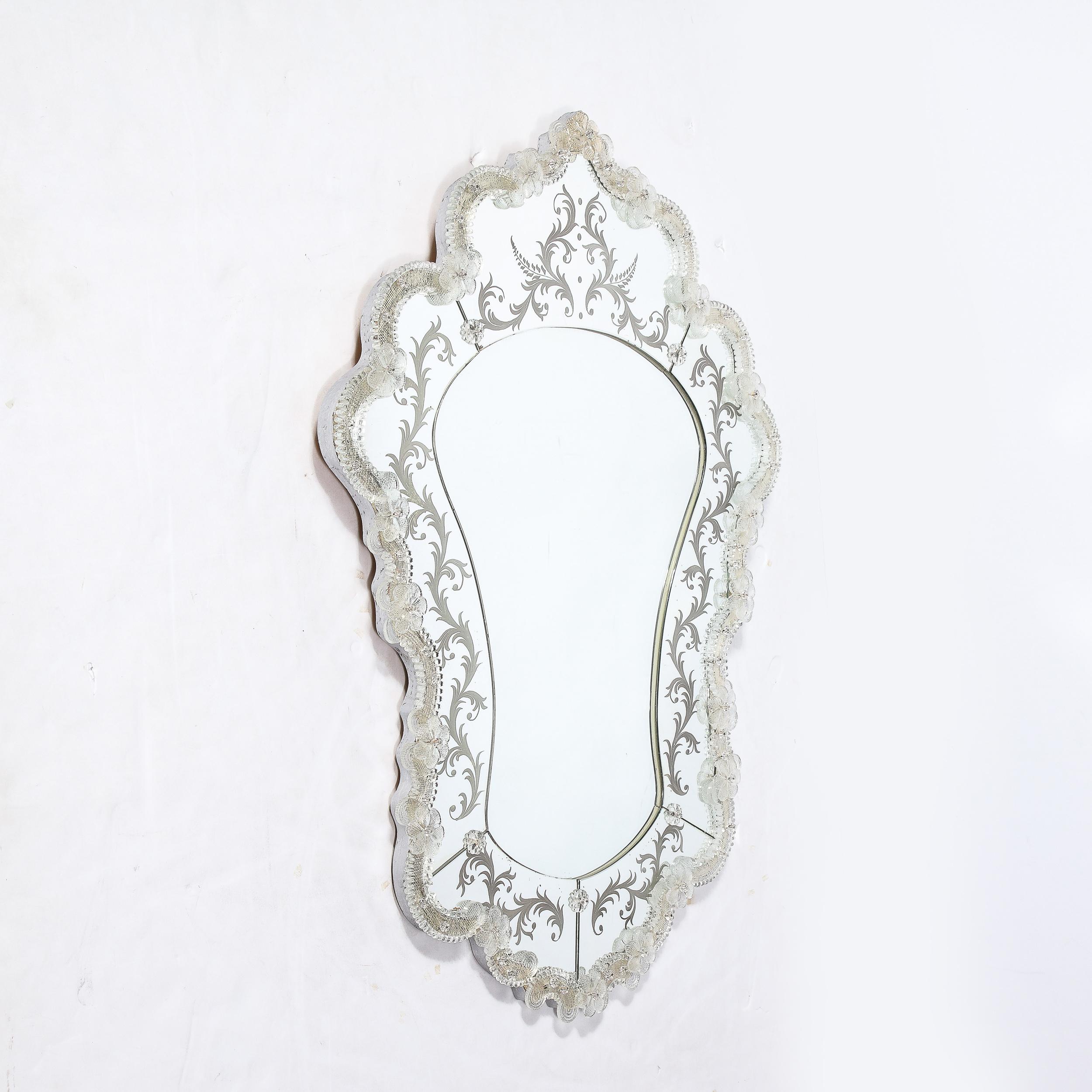 Italian Mid-Century Modernist Reverse Etched Venetian Mirror W/ Murano Appliqués For Sale