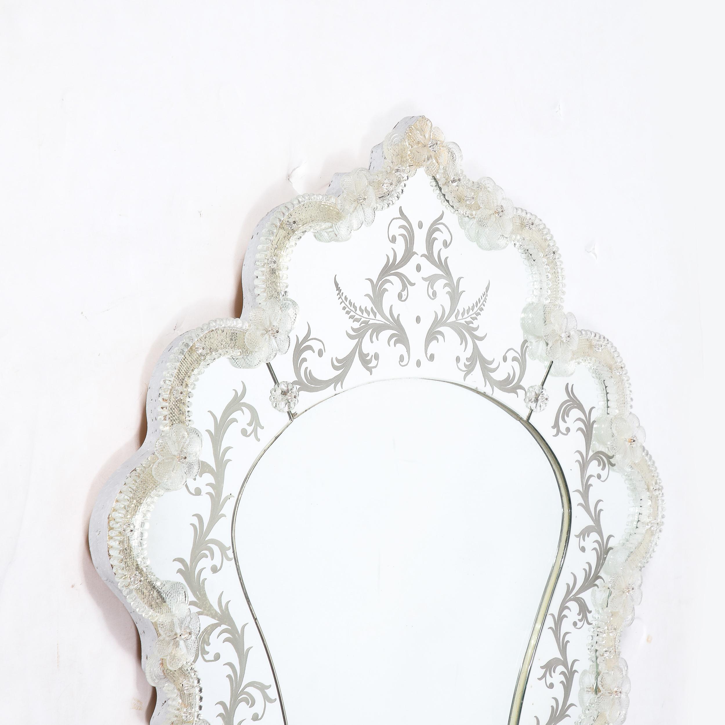 Mid-Century Modernist Reverse Etched Venetian Mirror W/ Murano Appliqués In Excellent Condition For Sale In New York, NY