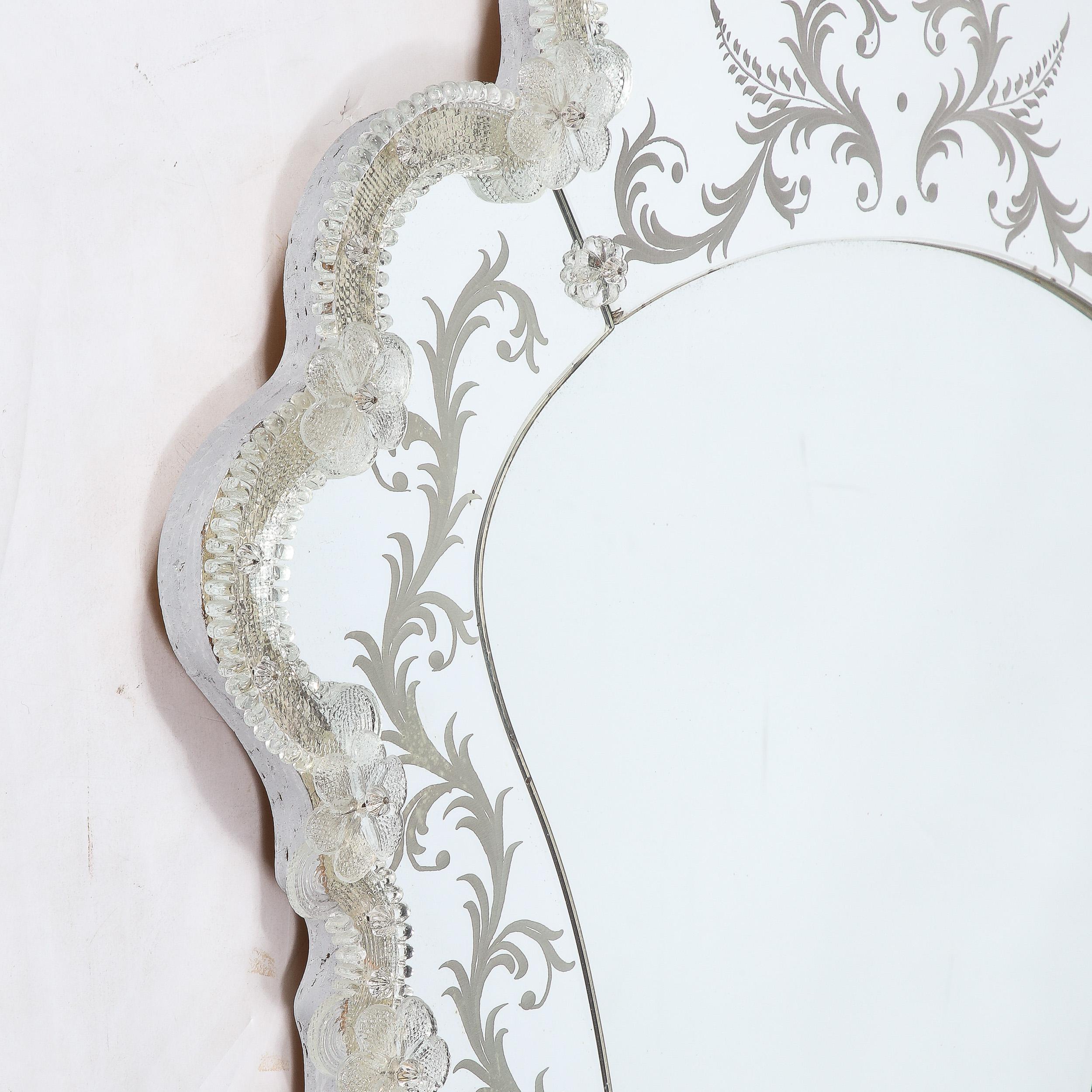 Mid-20th Century Mid-Century Modernist Reverse Etched Venetian Mirror W/ Murano Appliqués For Sale
