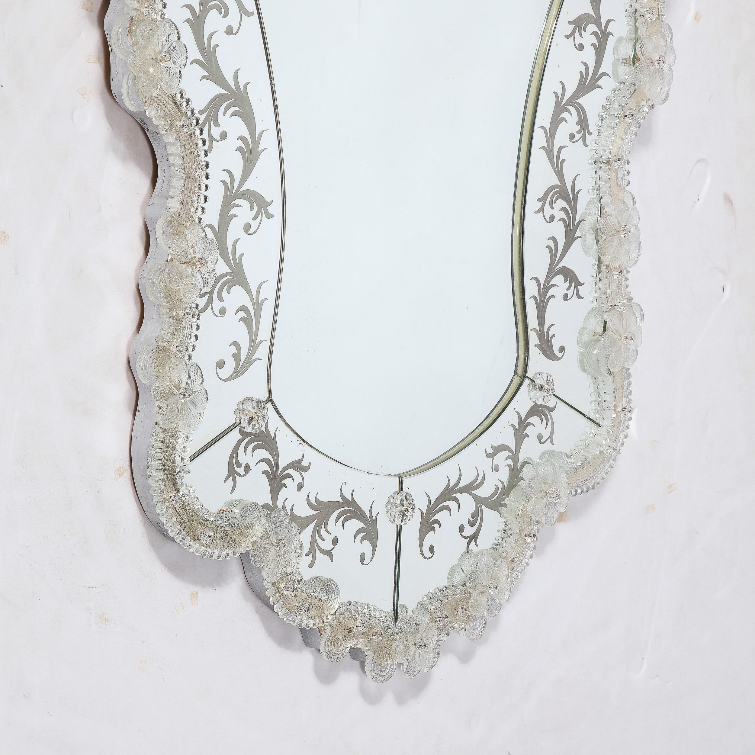 Glass Mid-Century Modernist Reverse Etched Venetian Mirror W/ Murano Appliqués For Sale