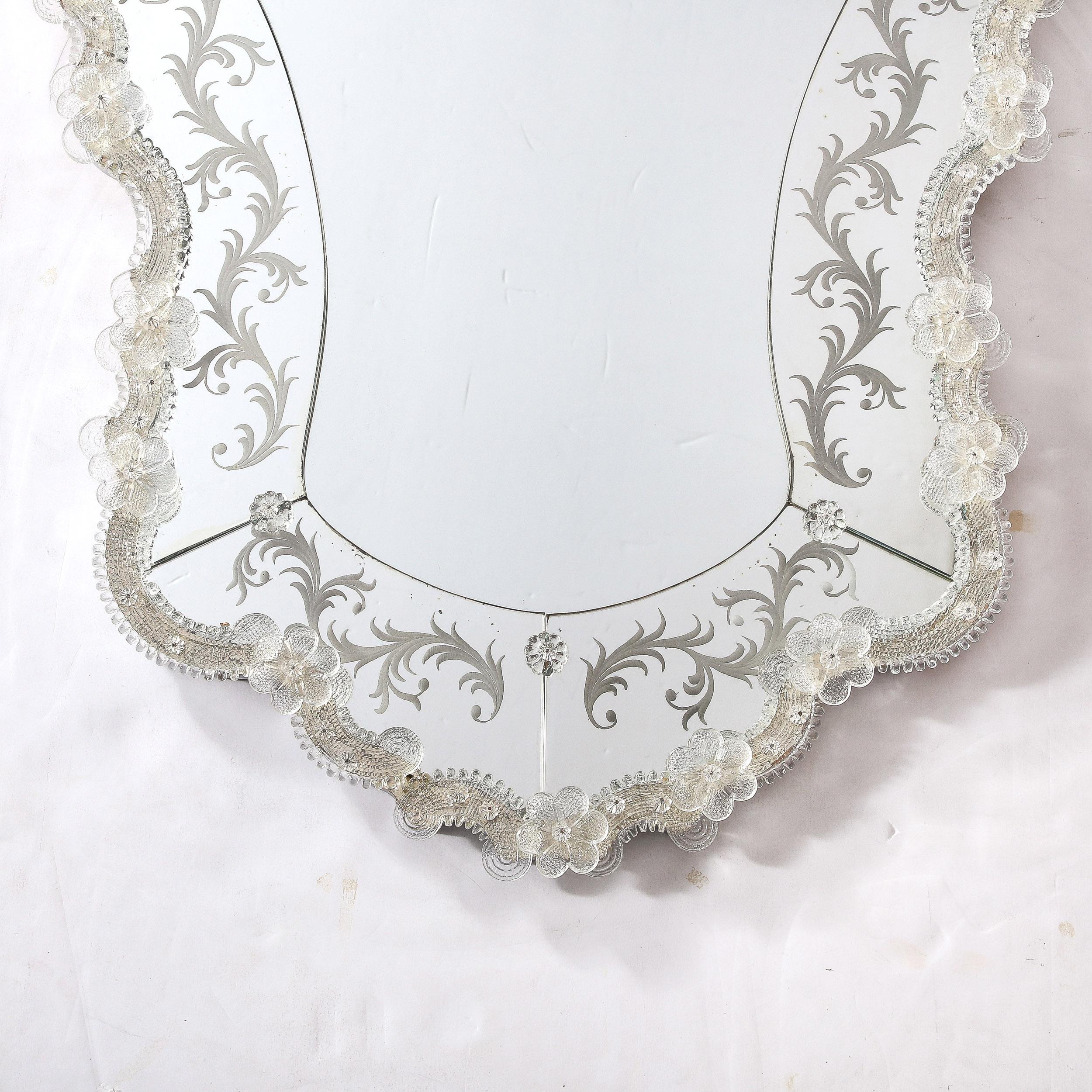 Mid-Century Modernist Reverse Etched Venetian Mirror W/ Murano Appliqués For Sale 1
