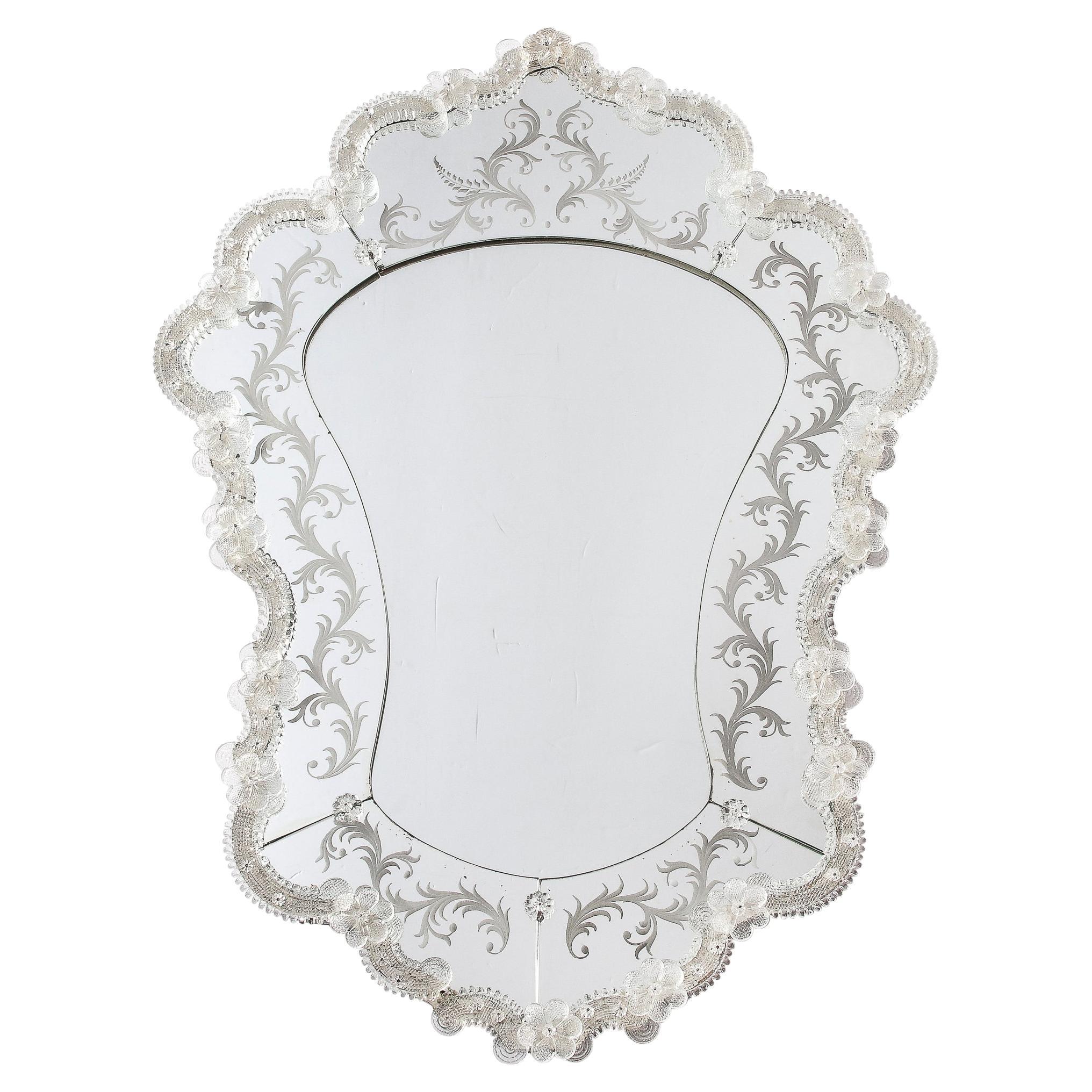 Mid-Century Modernist Reverse Etched Venetian Mirror W/ Murano Appliqués For Sale