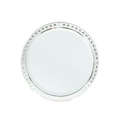 Mid-Century Modernist Round Mirror W/ Beveled Edge & Reversed Etched Detailing