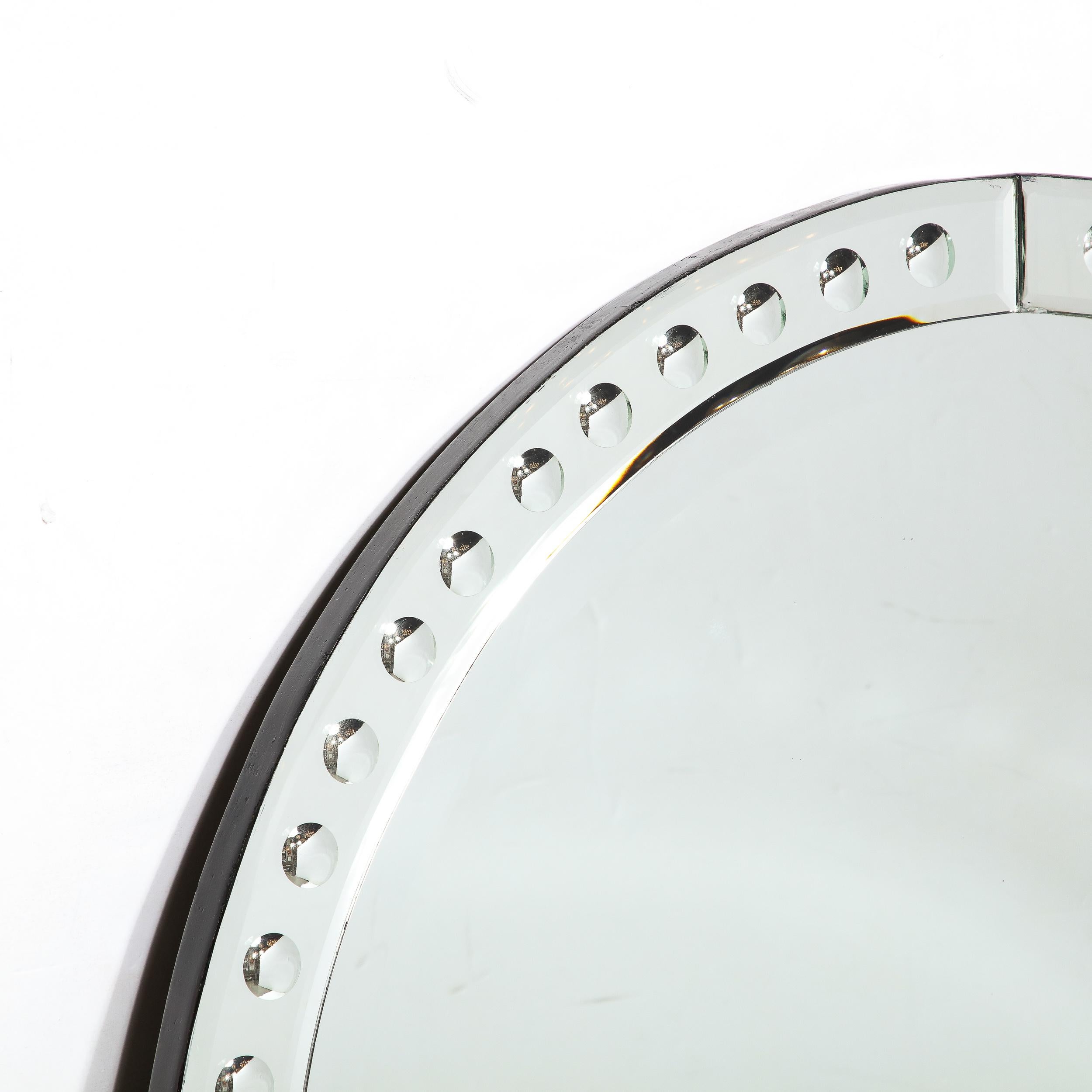 French Mid-Century Modernist Round Mirror W/ Beveled Edge & Reversed Etched Detailing