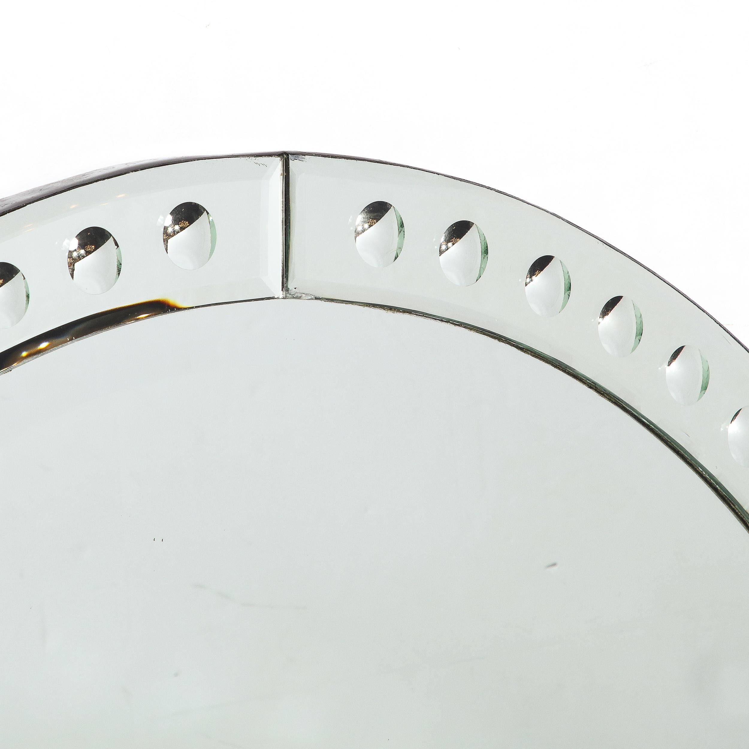Mid-Century Modernist Round Mirror W/ Beveled Edge & Reversed Etched Detailing In Excellent Condition In New York, NY