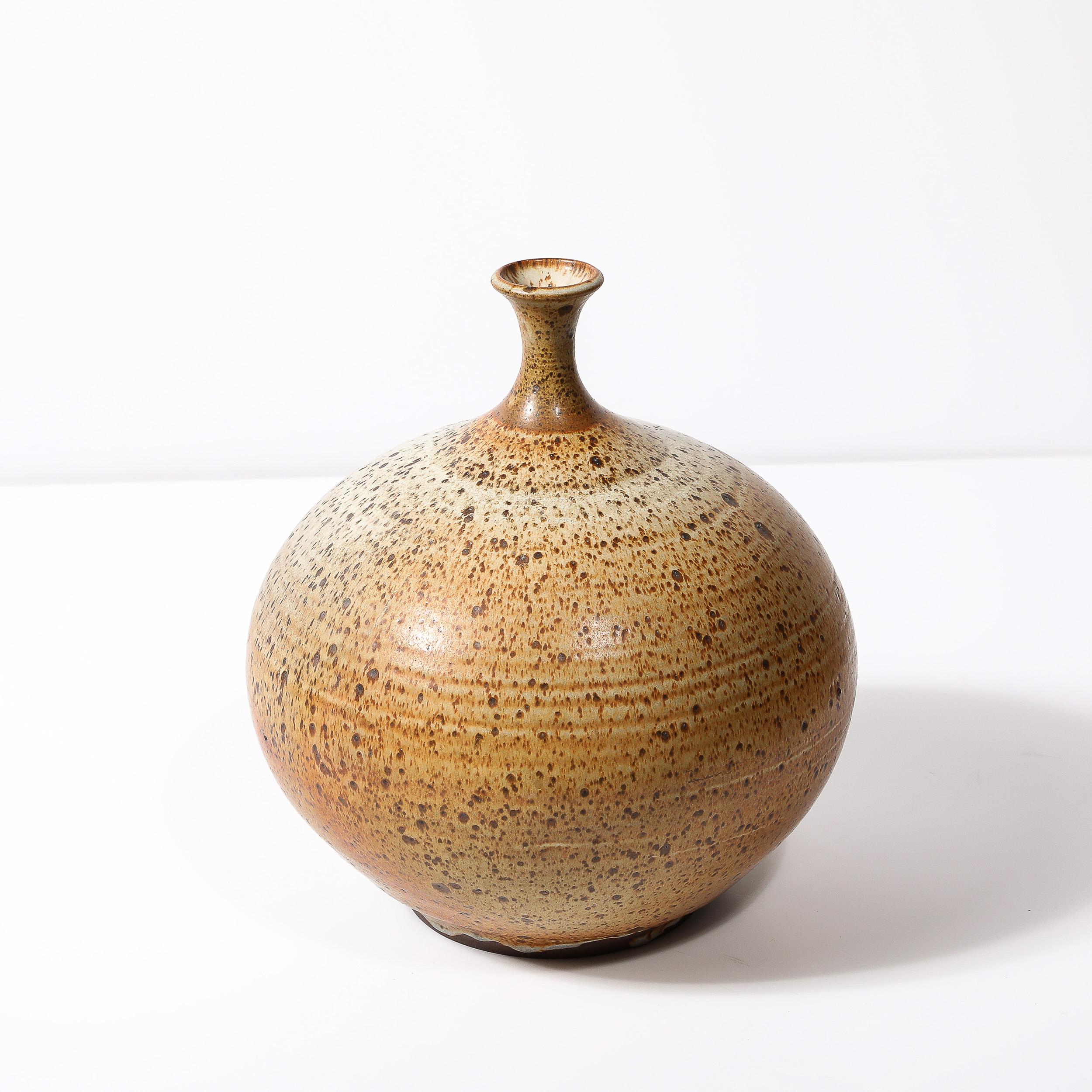 Mid-Century Modernist Round Speckled Earth Tone Ceramic Vase w/ Tapered Neck For Sale 5