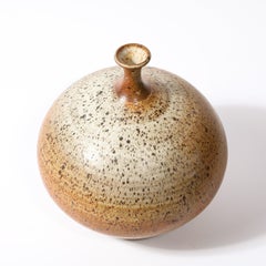 Mid-Century Modernist Round Speckled Earth Tone Ceramic Vase w/ Tapered Neck