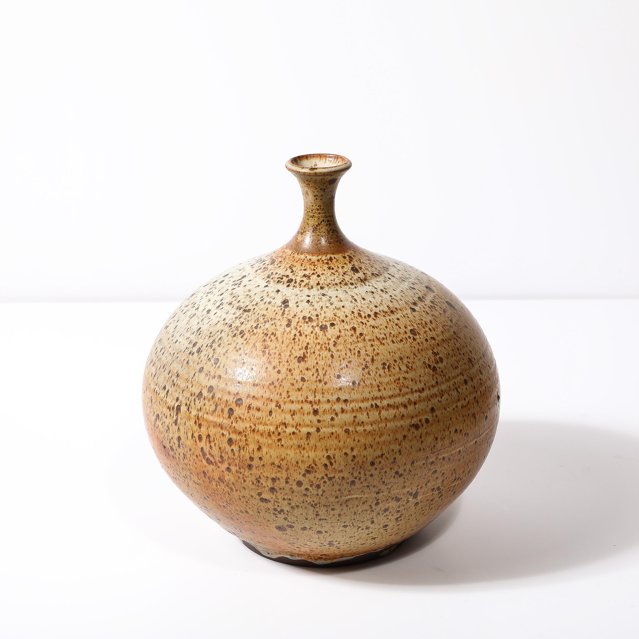 Mid-20th Century Mid-Century Modernist Round Speckled Earth Tone Ceramic Vase w/ Tapered Neck For Sale