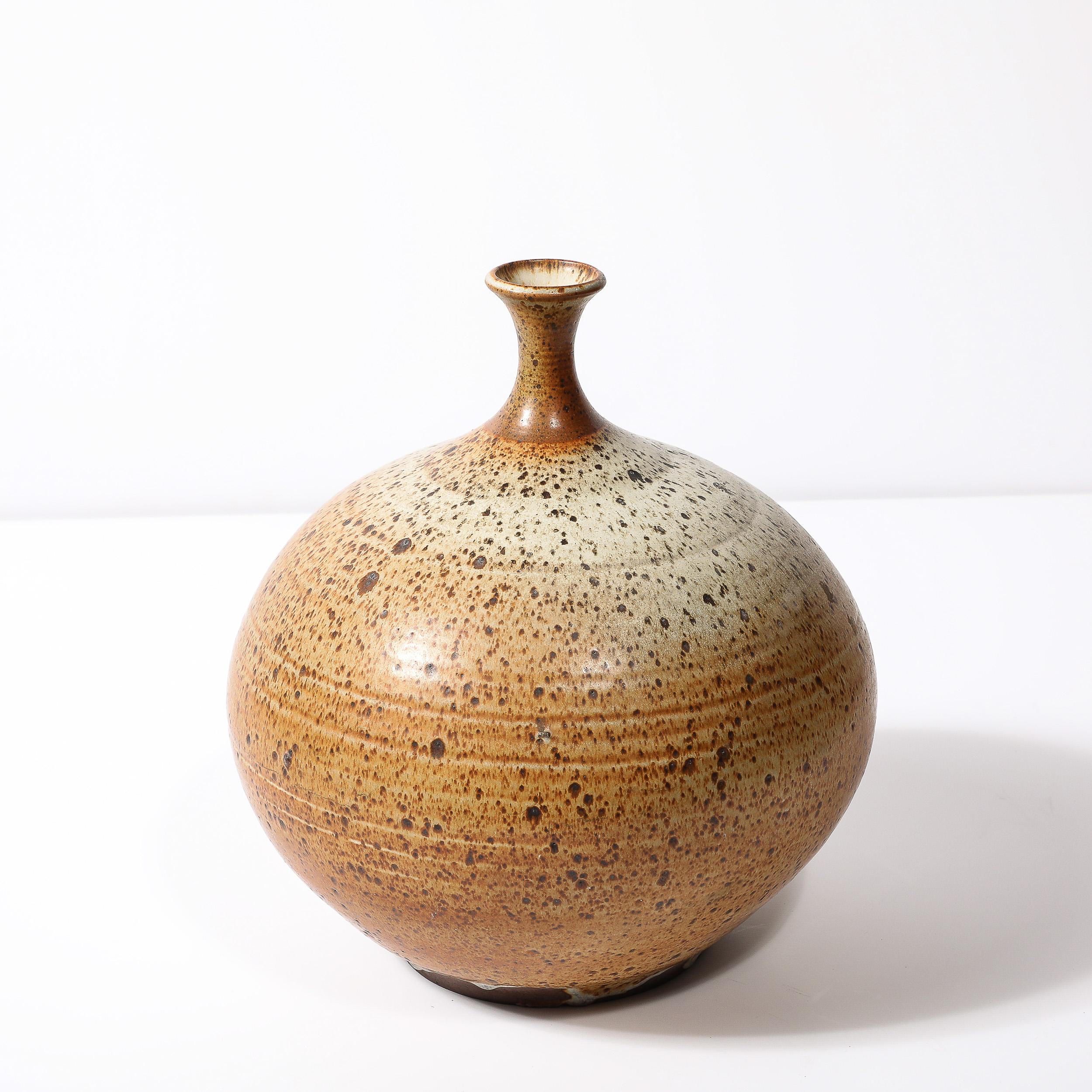 Mid-Century Modernist Round Speckled Earth Tone Ceramic Vase w/ Tapered Neck For Sale 1