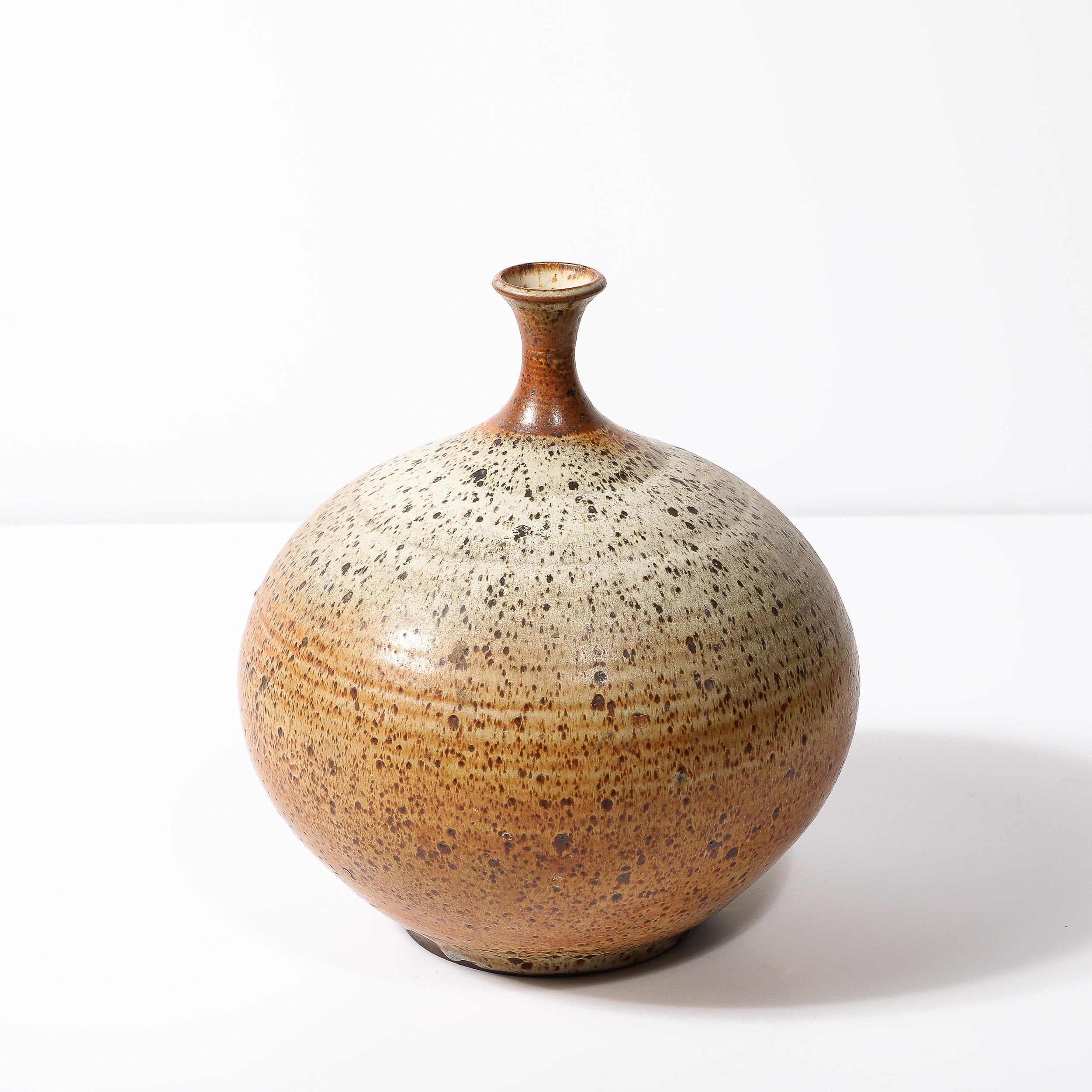Mid-Century Modernist Round Speckled Earth Tone Ceramic Vase w/ Tapered Neck For Sale 2