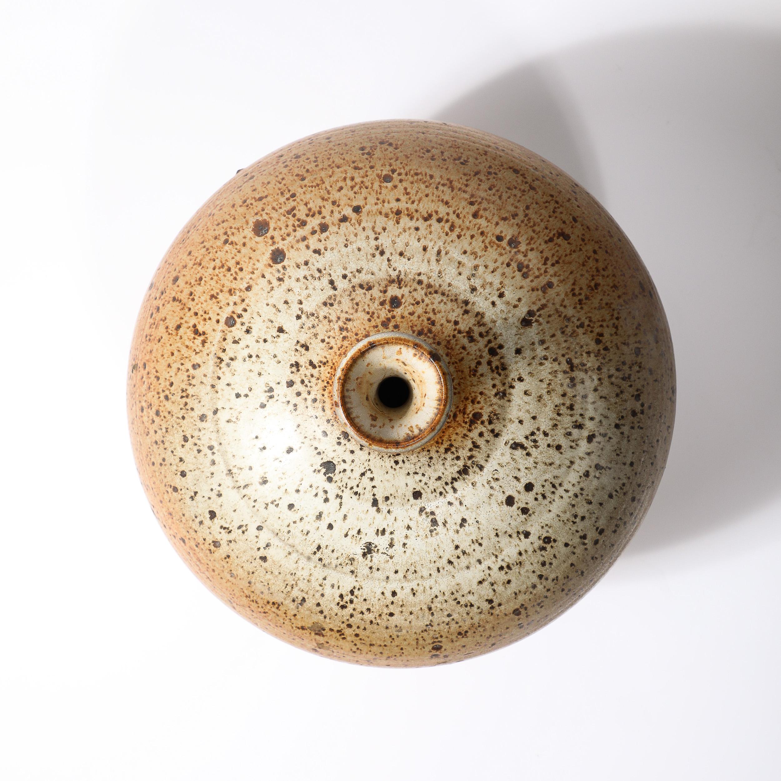 Mid-Century Modernist Round Speckled Earth Tone Ceramic Vase w/ Tapered Neck For Sale 4