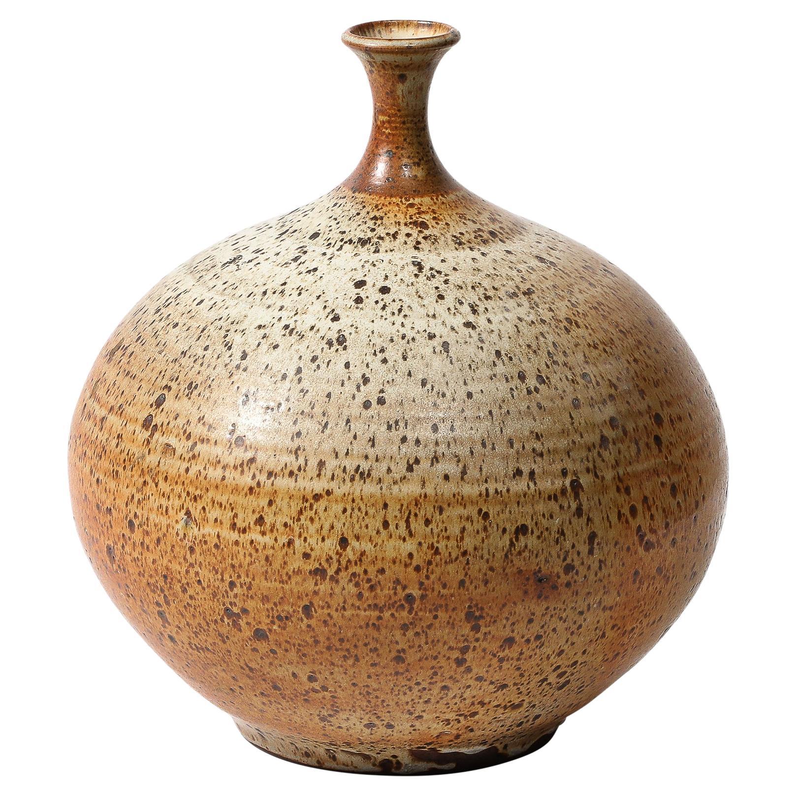 Mid-Century Modernist Round Speckled Earth Tone Ceramic Vase w/ Tapered Neck For Sale