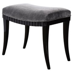 Mid-Century Modernist Saber Black Lacquer Legged Stool in Charcoal Velvet Fabric