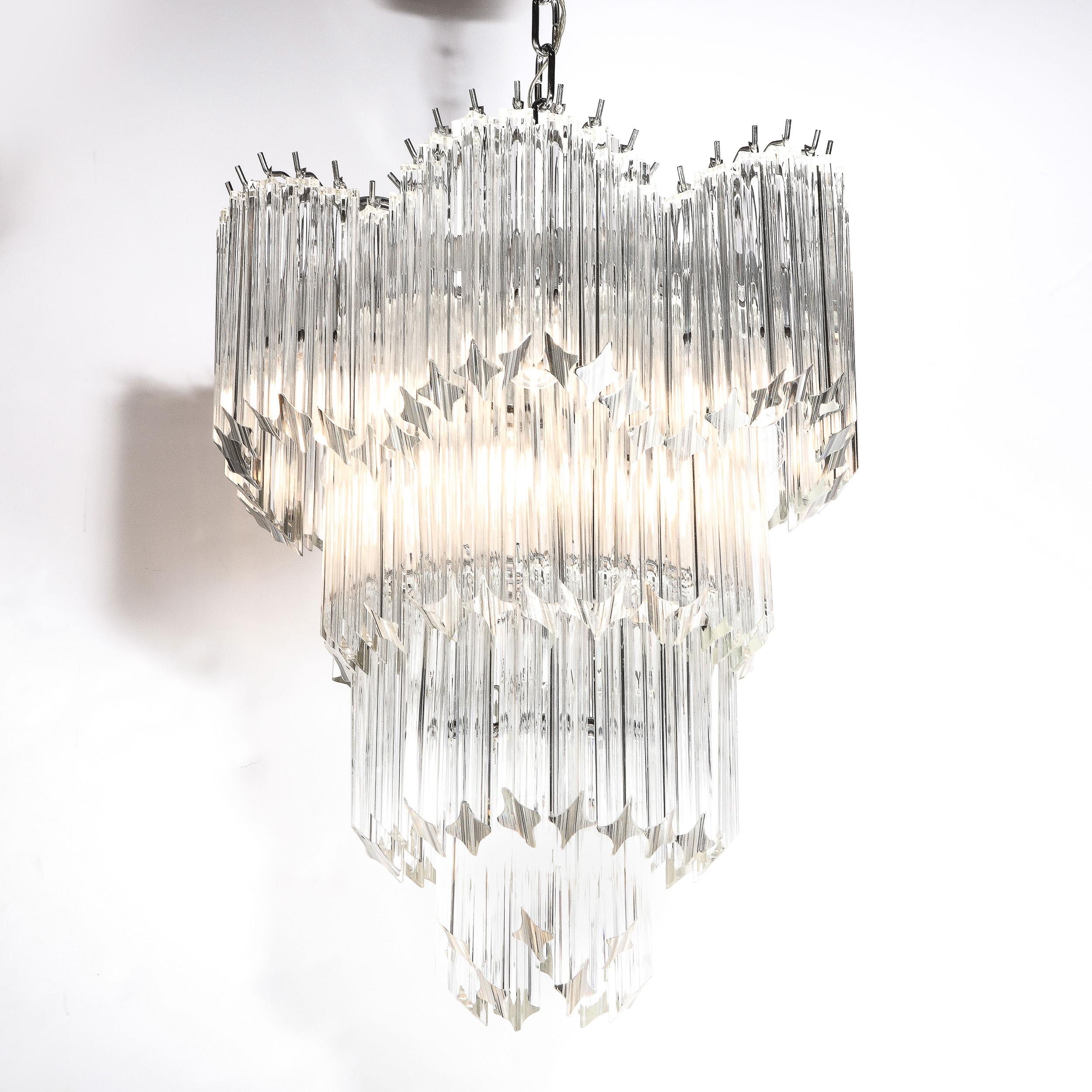 Italian Mid-Century Modernist Scalloped Four-Tier Cut Triedre Crystal Camer Chandelier For Sale