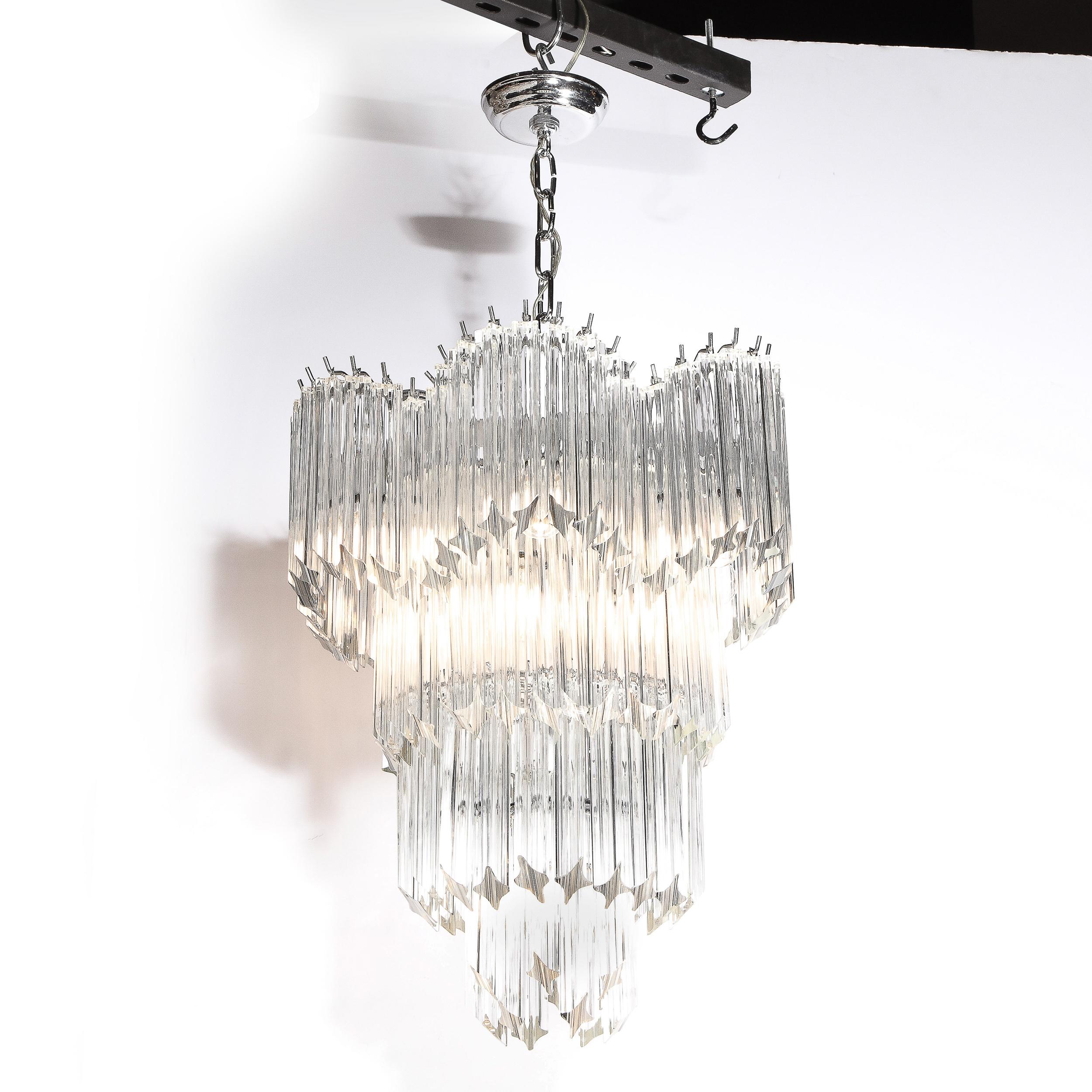 Mid-Century Modernist Scalloped Four-Tier Cut Triedre Crystal Camer Chandelier In Excellent Condition For Sale In New York, NY