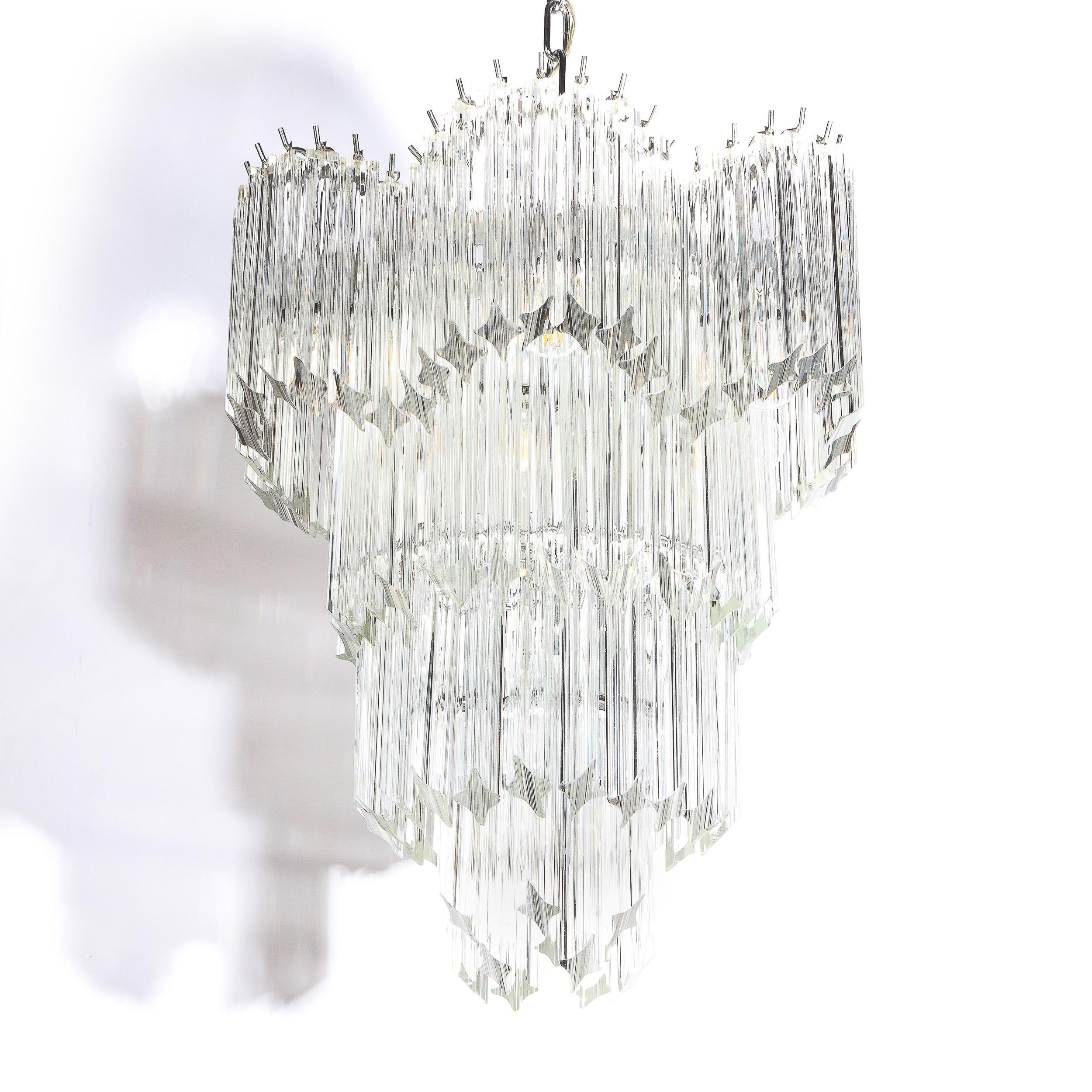Glass Mid-Century Modernist Scalloped Four-Tier Cut Triedre Crystal Camer Chandelier For Sale