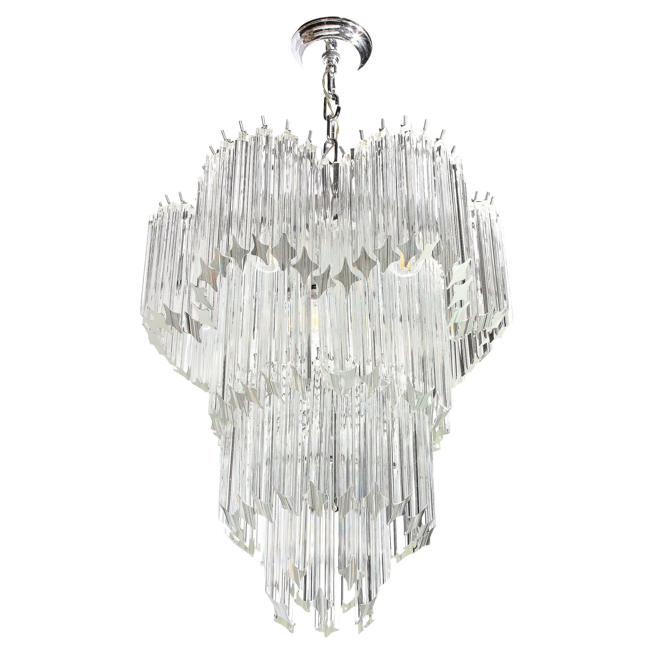 Mid-Century Modernist Scalloped Four-Tier Cut Triedre Crystal Camer Chandelier