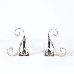 Mid-Century Modernist Scroll Form Andirons in Polished Brass