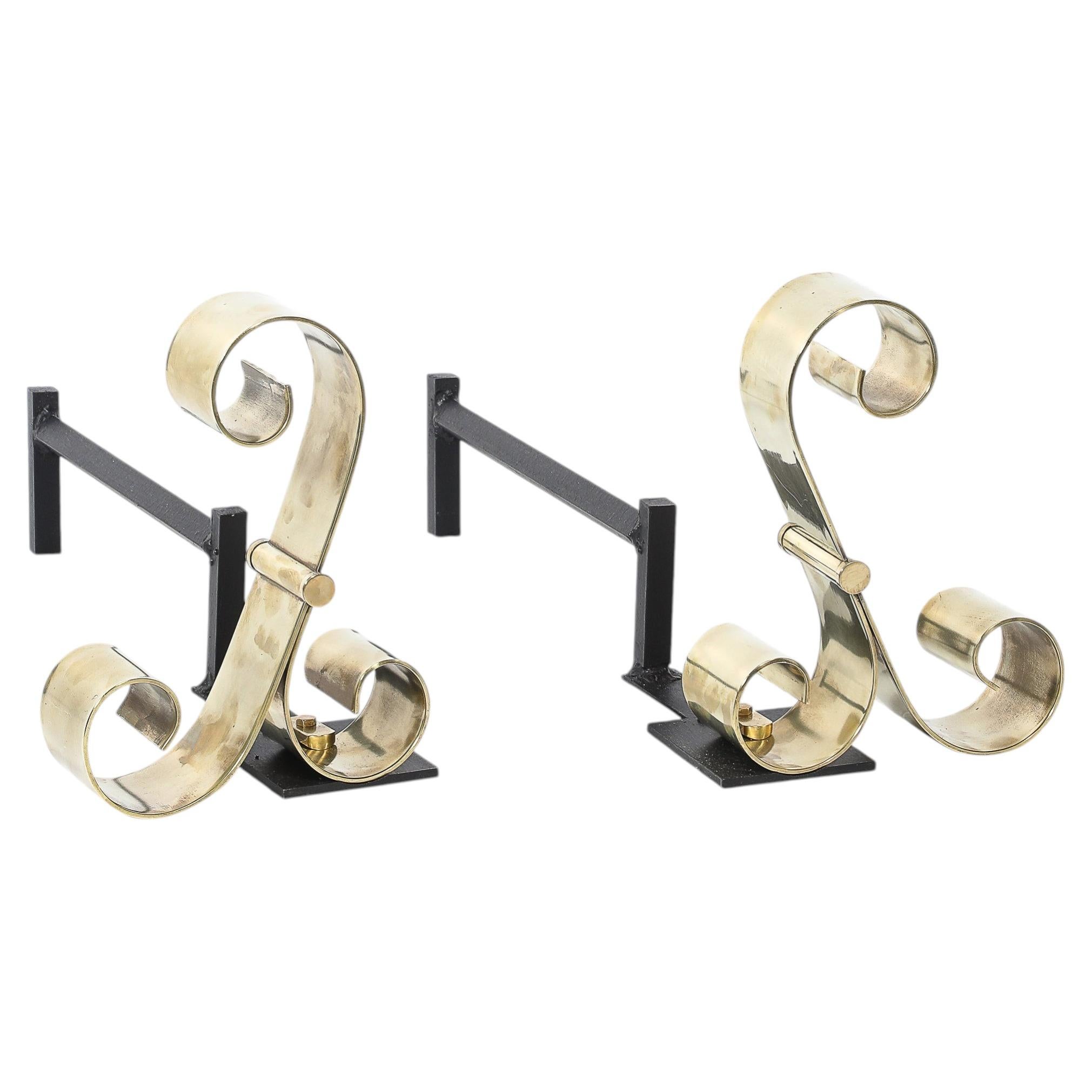 Mid-Century Modernist Scroll Form Andirons in Polished Brass For Sale