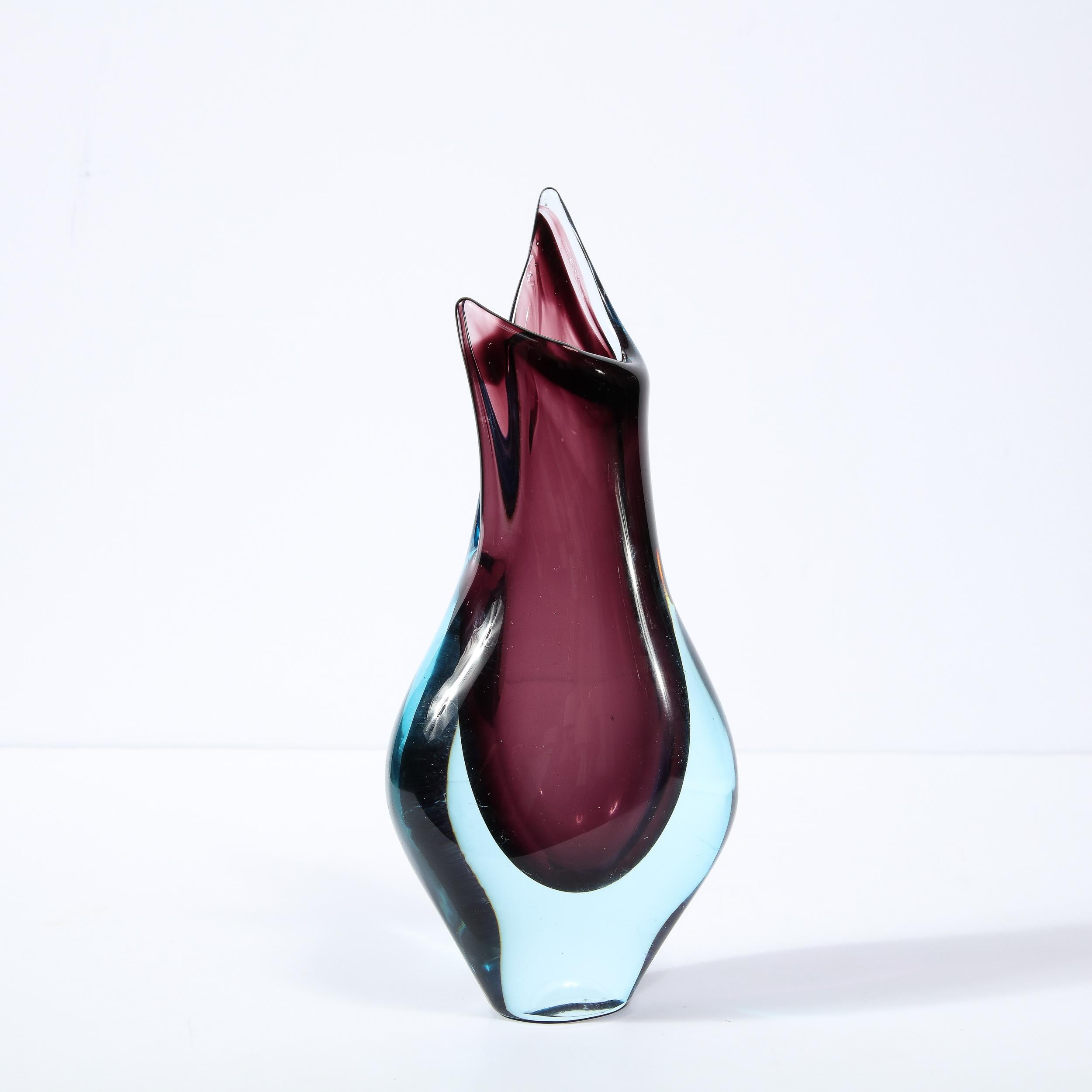 Mid-Century Modernist Sculptural Amethyst & Acqua Murano Glass Vase In Excellent Condition For Sale In New York, NY