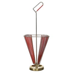 Mid-Century Modernist Sculptural Brass & Carnelian Red Enamel Umbrella Stand