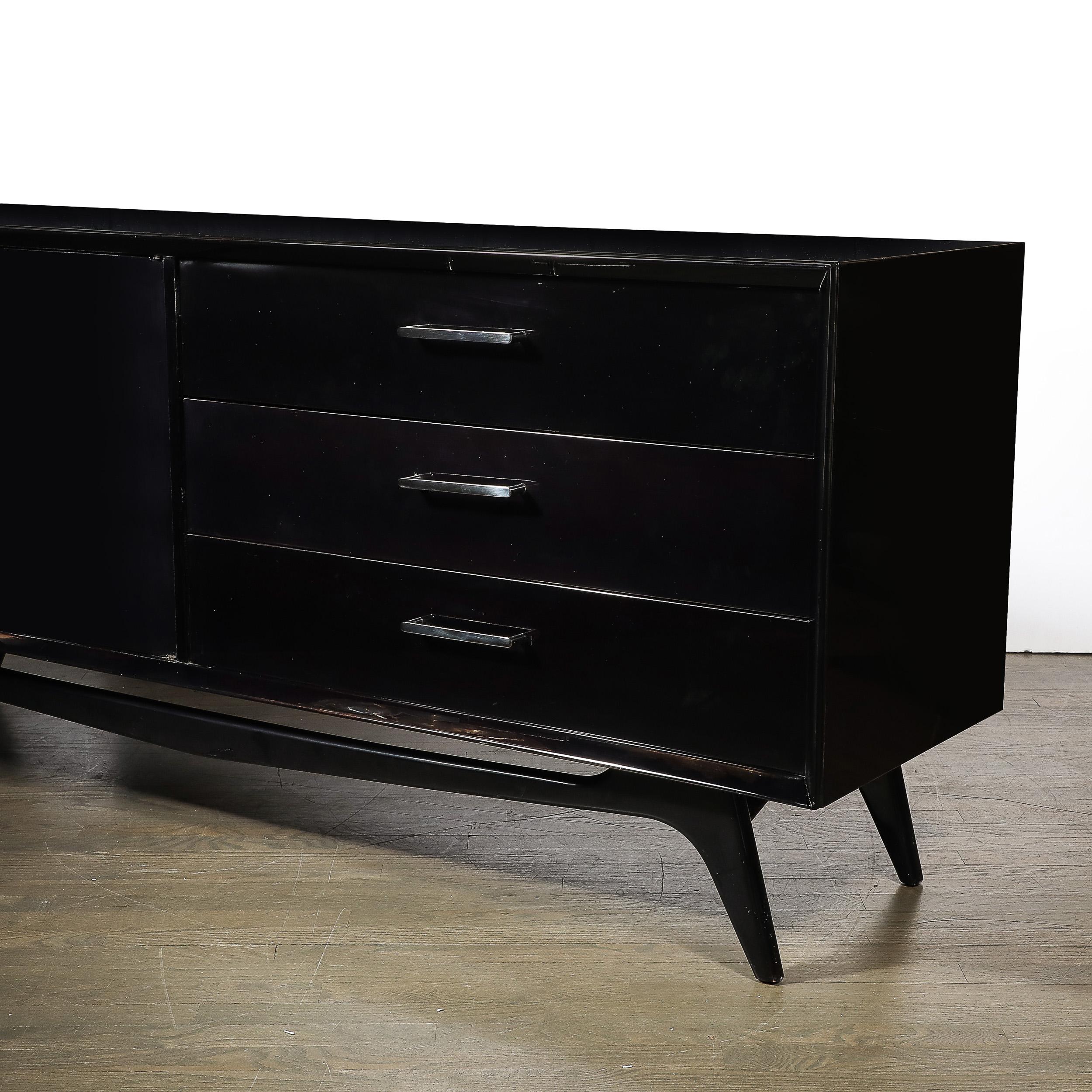 American Mid-Century Modernist Sculptural Sideboard in Ebonized Walnut W/ Nickel Pulls For Sale